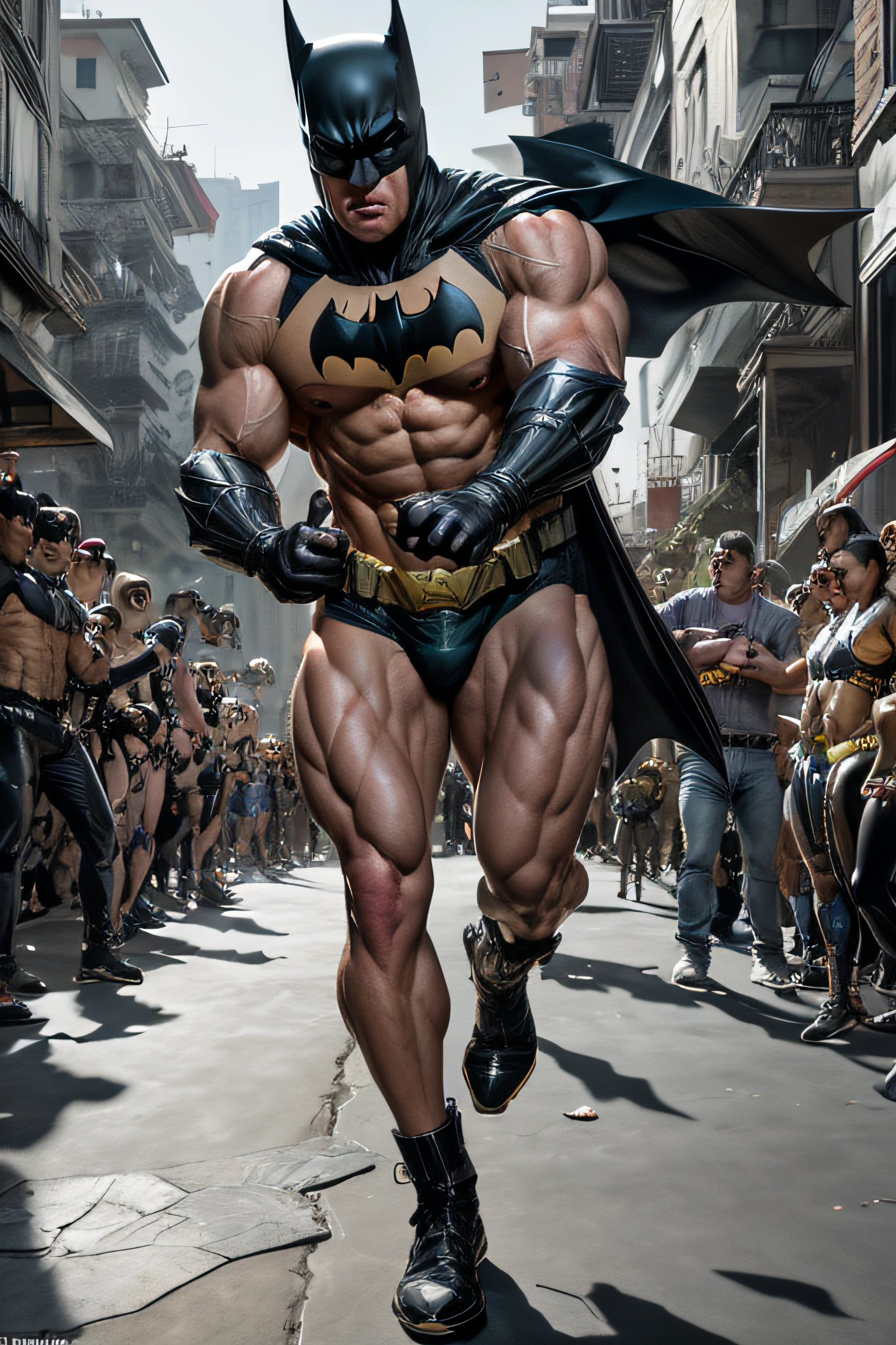 Batman disfrazado corriendo por una calle con una multitud de personas., Batman gordo, superhero body, bodybuilder superhero bikini, Anigirl Batman, ordenanza, comic character, exaggerated physique, muscular male hero, exaggeratedly large physique, El Batman, fuerte e imponente, big muscles, inspirado por Ryan Barger, muscular character, Parque John, por Jason Chan