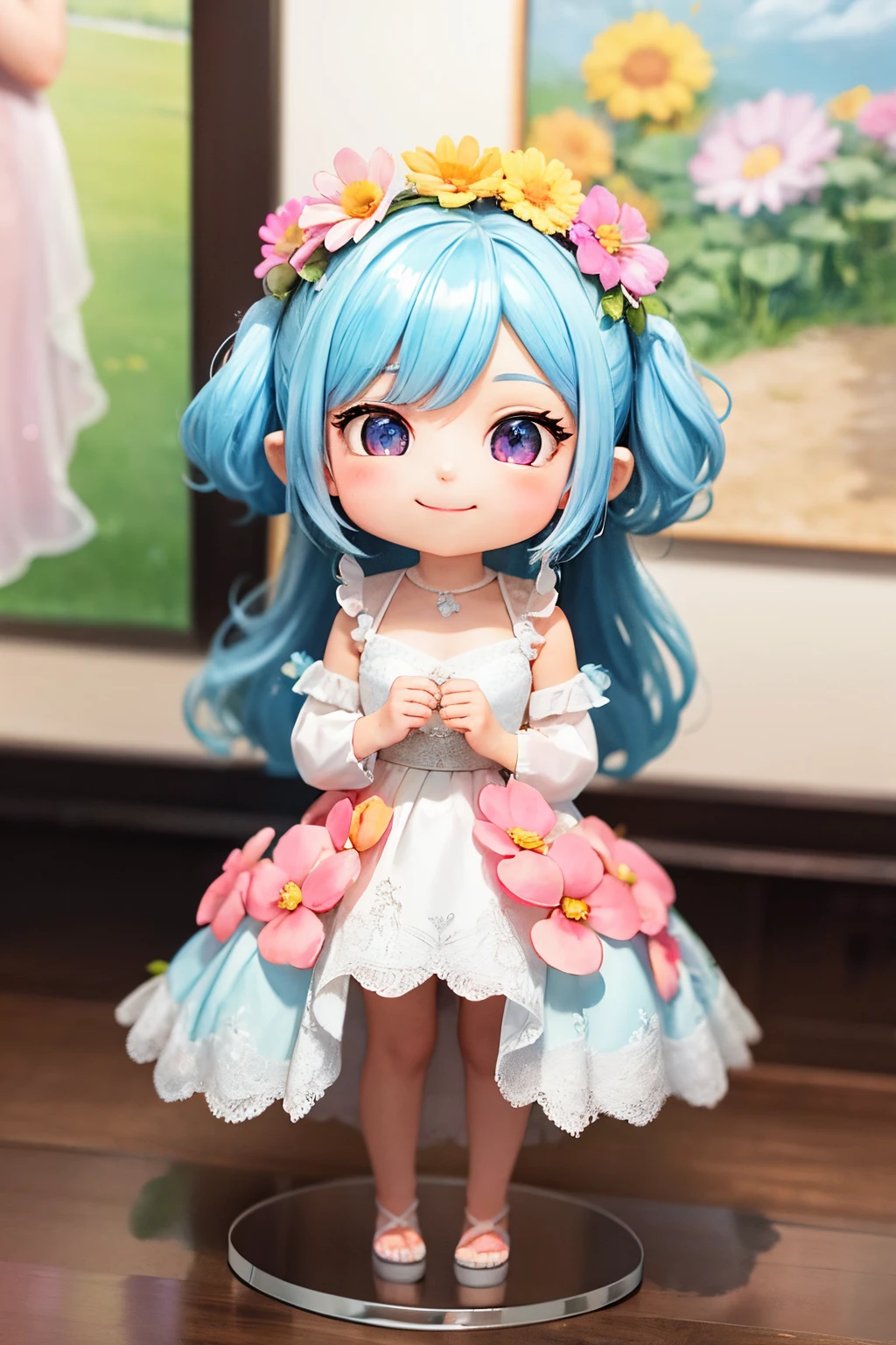photoRealstic、Nendroids in wedding dress standing in front of the painting、A smile、kawaii pose、watercolor Nendoroid、(High Definition Figure)、Flowing iridescent silk、up of face、Eye Up、heart mark、Floral dress、There are also flowers in front of the nendroids、flower petals、season!!: 夏天☀ 🍂