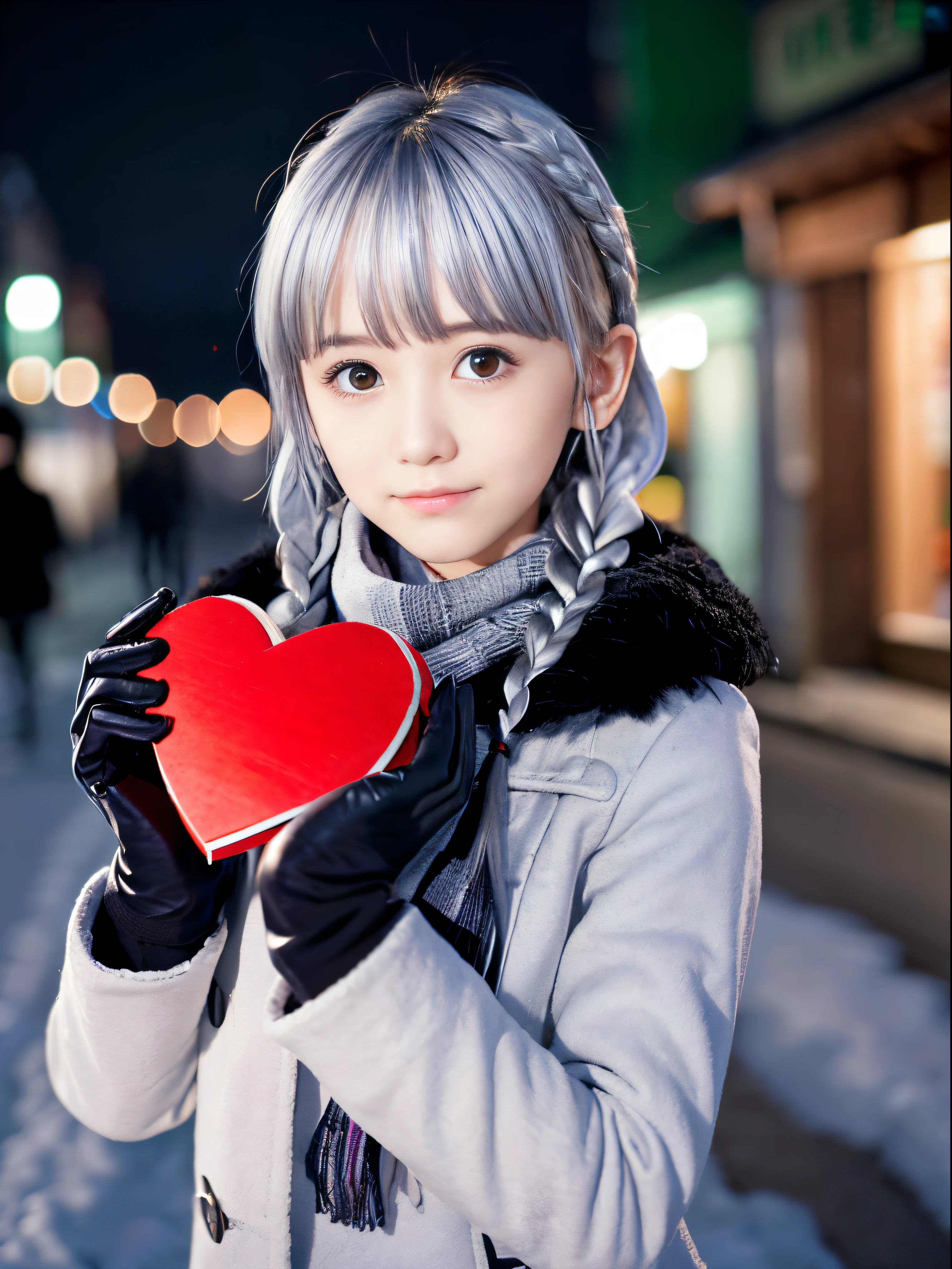 (Close up portrait of twin braid silver color hair girl in winter coat and scarf:1.5)、(One girl hold a Valentine gift in her hands with gloves on the street in Japan at snowy night with shy sad face:1.5)、( Blurry background,:1.5)、(Perfect Anatomy:1.3)、(complete hands:1.3)、(complete fingers:1.3)、Photorealsitic、Raw photography、masutepiece、top-quality、hight resolution、delicate and pretty、face perfect、Beautiful detailed eyes、Fair skin、Real Human Skin、((thin legs))