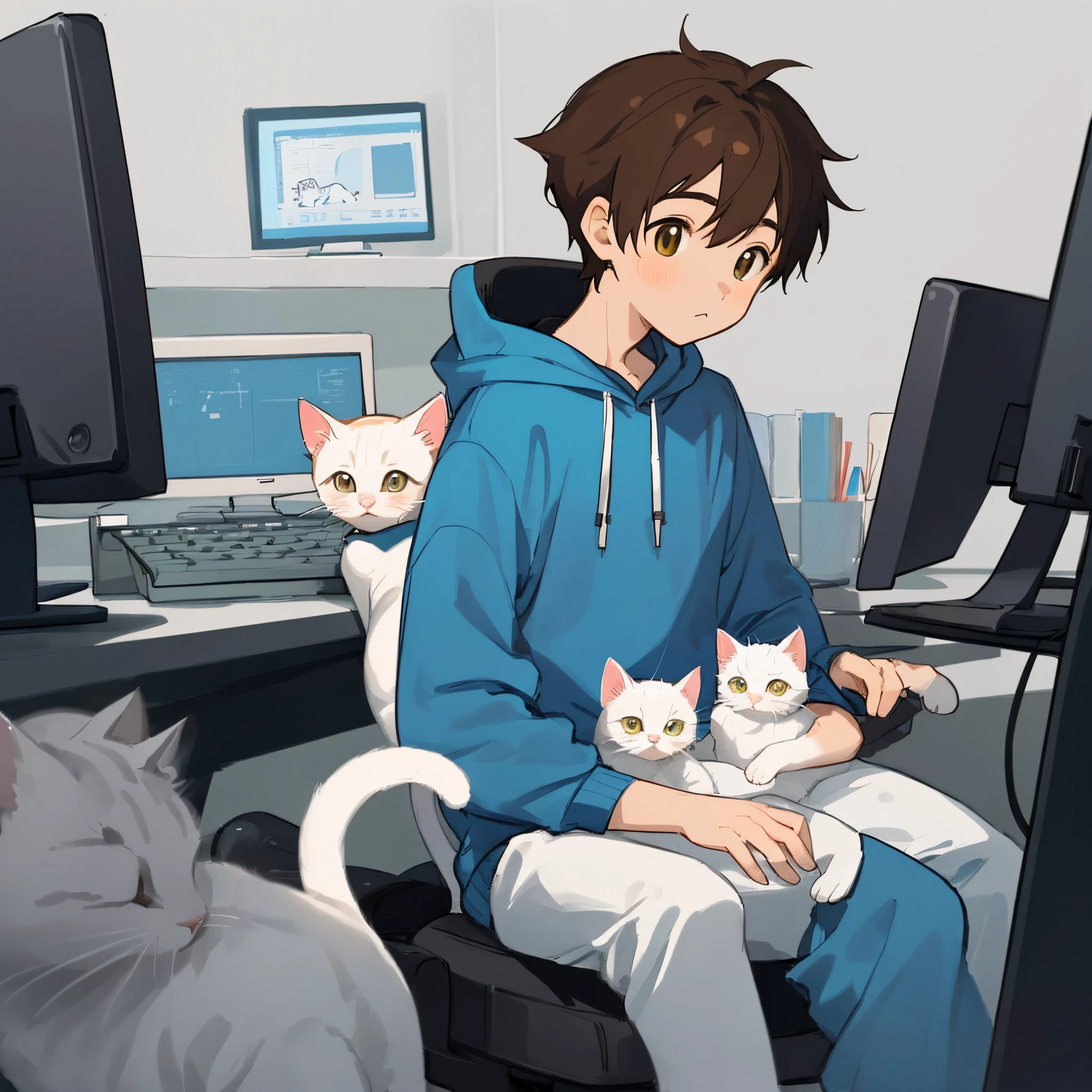 Cartoon simple drawing of a boy in minimalist style sitting in front of the computer with a keyboard in his hand. There are two white kittens next to him in a blue sweatshirt and brown hair.