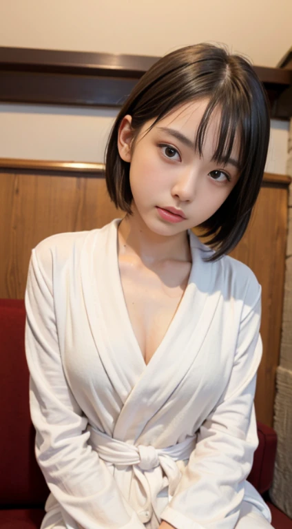 (masutepiece, Best Quality:1.4), Beautiful face, 8K, 85 mm, absurderes, ((Dark bedroom in the hotel))、(Wearing a thick white bathrobe:1.4), ((cowboy  shot:1.5))、((Shot from below:1.4))、((udder of medium size:1.4))、violaceaess, gardeniass, Delicate girl, Solo,(((extremely short hairstyle:1.5)))、Night, Looking at Viewer, Upper body, Film grain, chromatic abberation, Sharp Focus, face lights, Professional Lighting, Sophisticated, (he looked at me with a confused expression:1.4), (Simple background, Bokeh background:1.2), Detail Face、