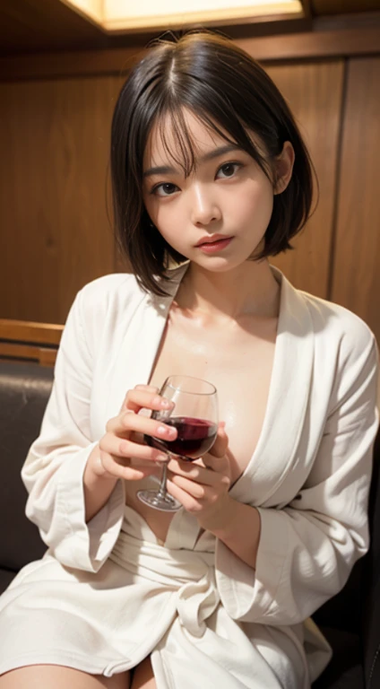 (masutepiece, Best Quality:1.4), Beautiful face, 8K, 85 mm, absurderes, ((Dark bedroom in the hotel))、(Wearing a thick white bathrobe:1.4), ((cowboy shot:1.5))、((Shot from below:1.4))、((udder of medium size:1.4))、violaceaess, gardeniass, Delicate girl, Solo,(((Layered Haircut:1.5)))、((sitting in the couch:1.4))、((drinking wine:1.4))、Night, Looking at Viewer, Upper body, Film grain, chromatic abberation, Sharp Focus, face lights, Professional Lighting, Sophisticated, (he looked at me with a confused expression:1.4), (Simple background, Bokeh background:1.2), Detail Face、