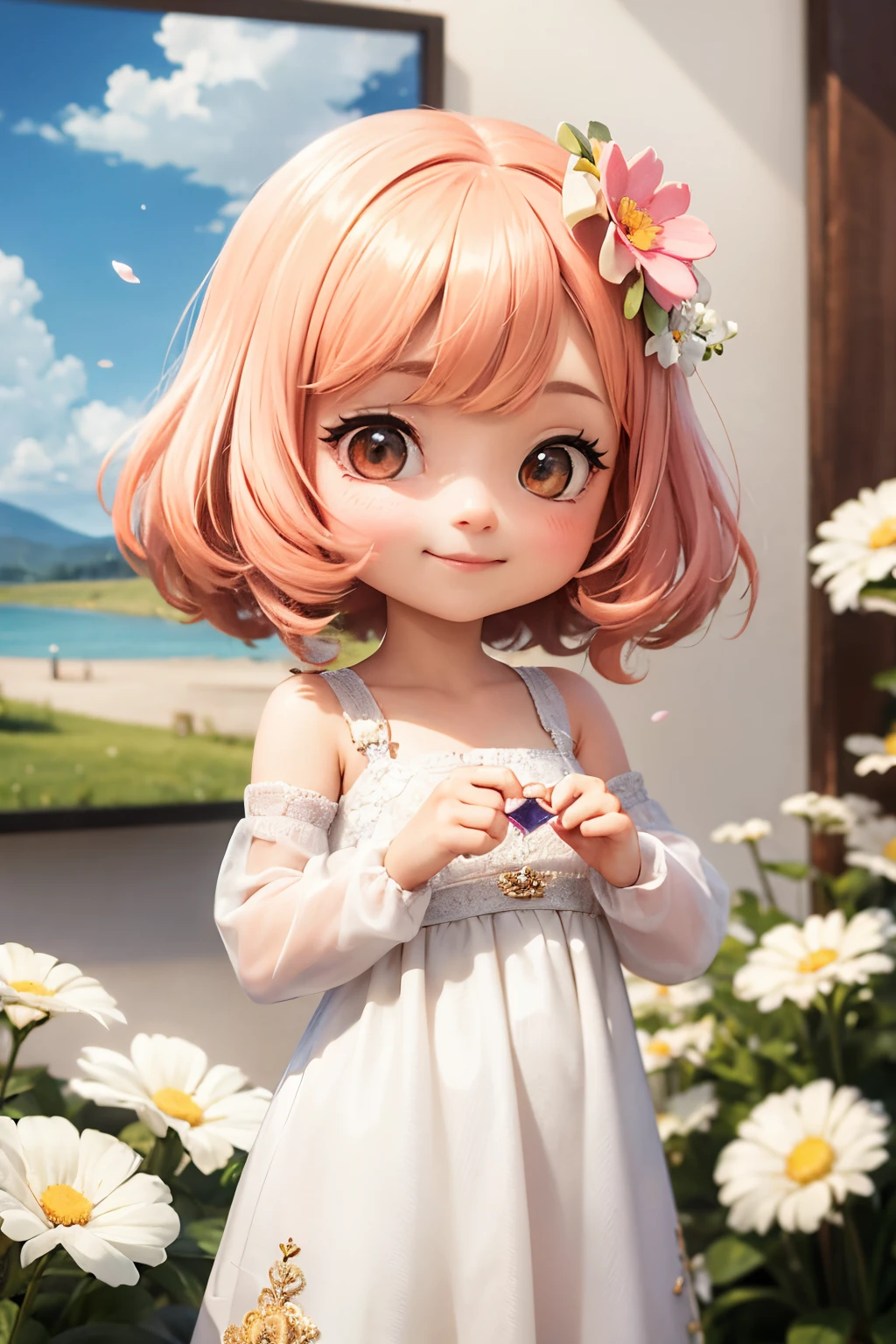 photoRealstic、Nendroids in wedding dress standing in front of the painting、A smile、kawaii pose、watercolor Nendoroid、(High Definition Figure)、Flowing iridescent silk、up of face、Eye Up、heart mark、Floral dress、There are also flowers in front of the nendroids、flower petals、season!!: 夏天☀ 🍂