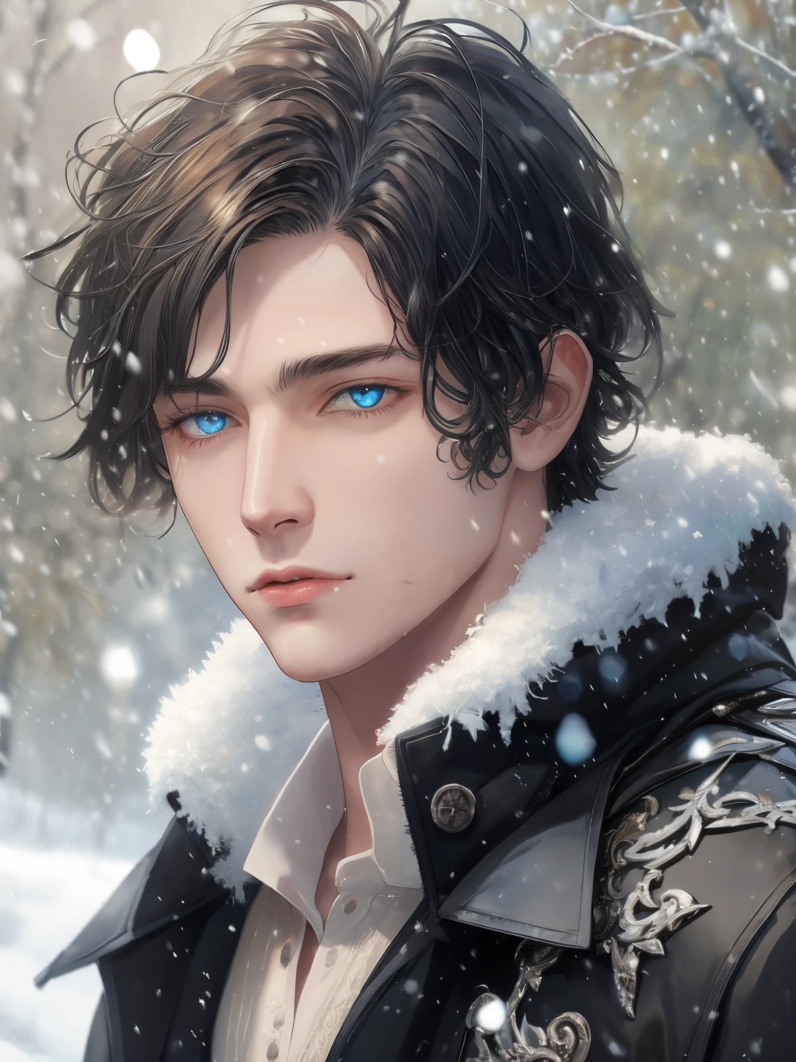 (beste-Qualit), (tmasterpiece), (higly detailed), very pale guy, black coat, black hair, snowfall, A young man, Handsome guy, winter, soft natural lighting, Detailed, blue eyes, The guy with the blue eyes, Perfect composition, fine art photography, photorealistic concept art