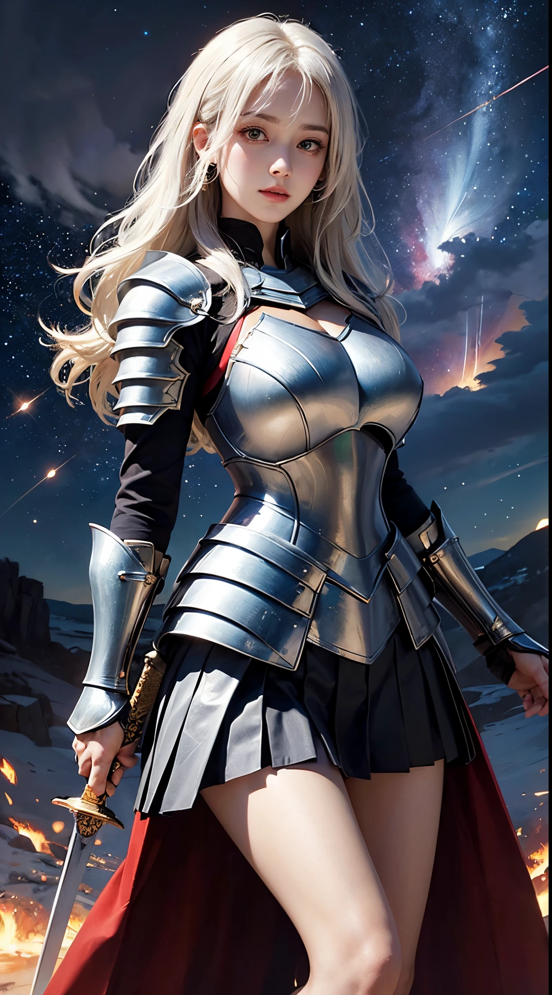 ((masutepiece)), (((Best Quality))), ((Ultra-detailed)), ((Illustration)), ((disheveled hair)), Beautiful detailed eyes, (1girl in:1.2), (Solo), ((( A woman holding a large sword, Flamberge ))) Dynamic Angle, (( woman wearing breastplate armor )), (black kneehighs:1.1), (Starry tornado:1.4), starry nebula, ((frilld)), Beautiful detailed sky, (Beautiful detailed eyes), Seductive smile, hairs between eyes, White hair, Pleated skirt, ((dishevled hair)), 20 years old,