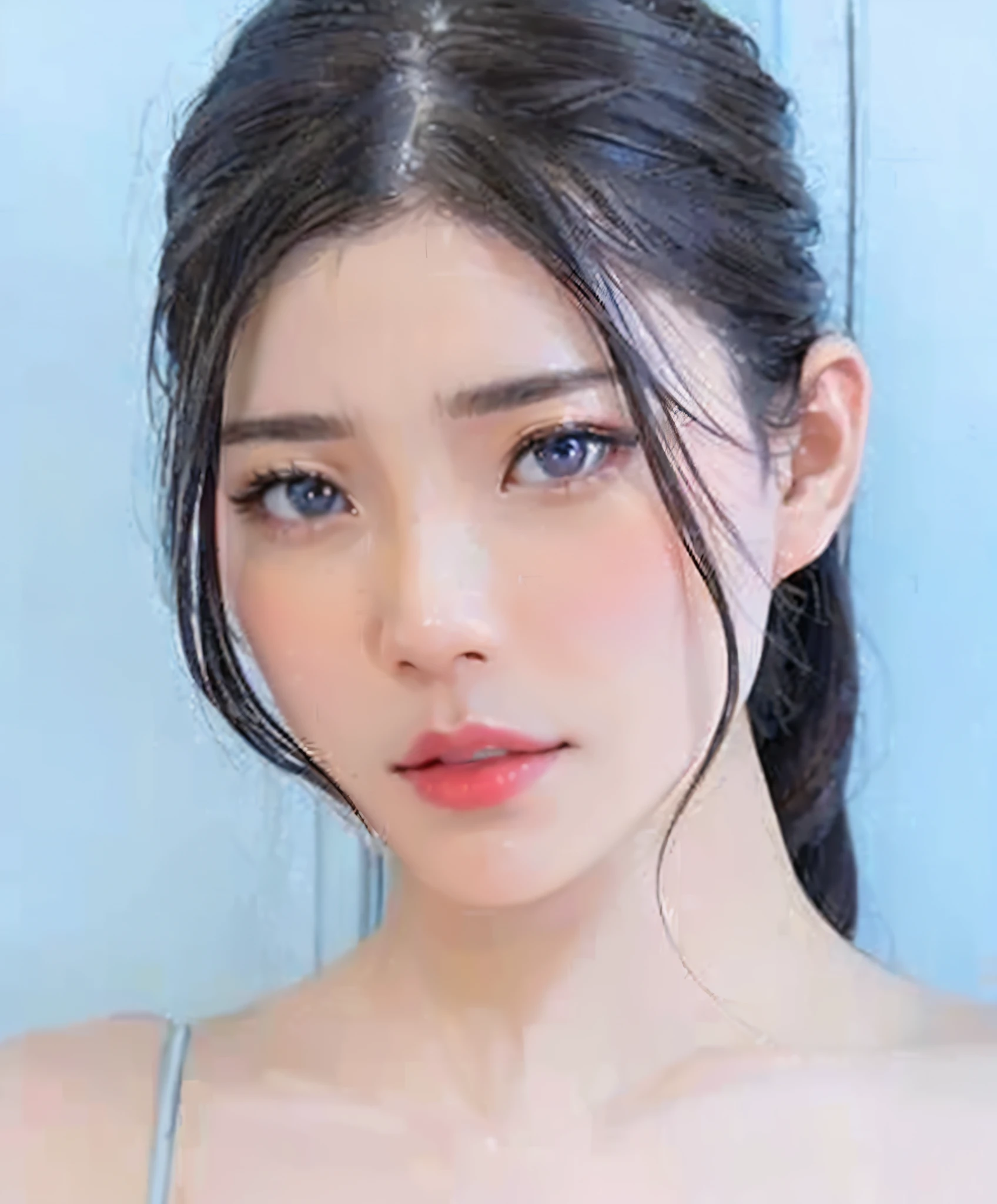 a close up of a woman with a blue top and a blue background, beautiful south korean woman, beautiful japanese girls face, asian features, gorgeous young korean woman, beautiful young korean woman, gorgeous chinese model, young cute wan asian face, asian beautiful face, korean girl, young adorable korean face, south east asian with round face, beautiful aesthetic face, japanese facial features