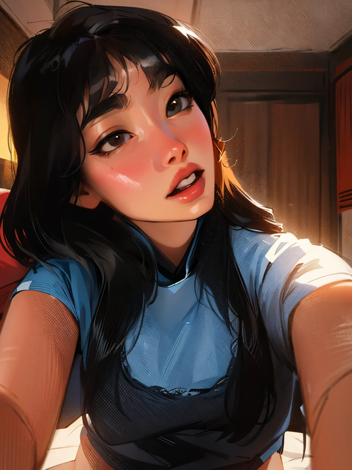 there is a woman with long hair sitting on a bed, with black shiny hair, 🤤 girl portrait, 2 7 years old, south east asian with round face, 2 8 years old, hair black bangs hair, with bangs, she has black hair with bangs, only a few bangs of hair, 2 9 years old, 2 4 year old female model, asian face, exposed neck, masterpiece