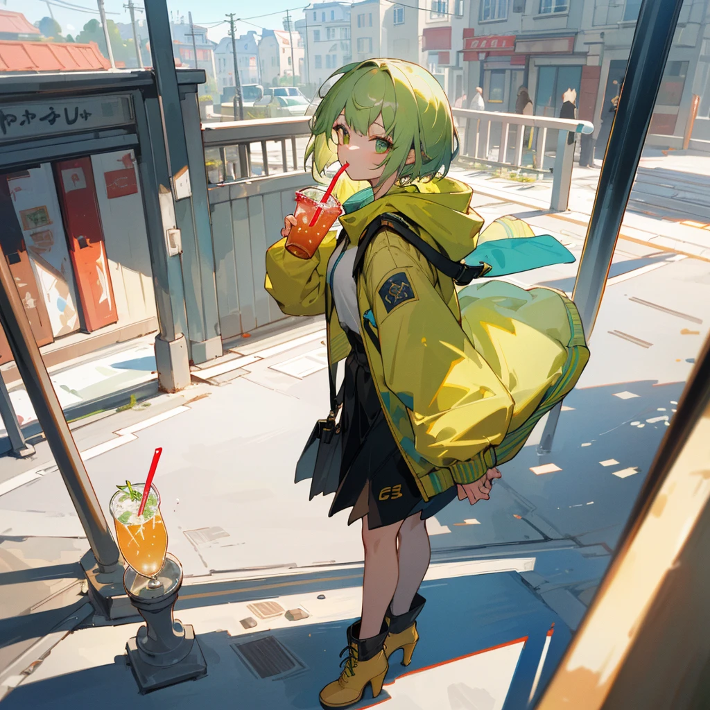 ((masterpiece,top-quality,hight resolution,8K picture quality,top-quality)),1girl in,((extra detailed face)),a 20 yo woman,Hyper Detail,lensflare,Delicate eyes,Golden eyes,Green hair,natural perm short hair,Cool Face,((Drink a drink through a straw)),Oversized jackets,Hooded trainers,high heels boots,landscape surrounded by buildings,Street with foot traffic,
