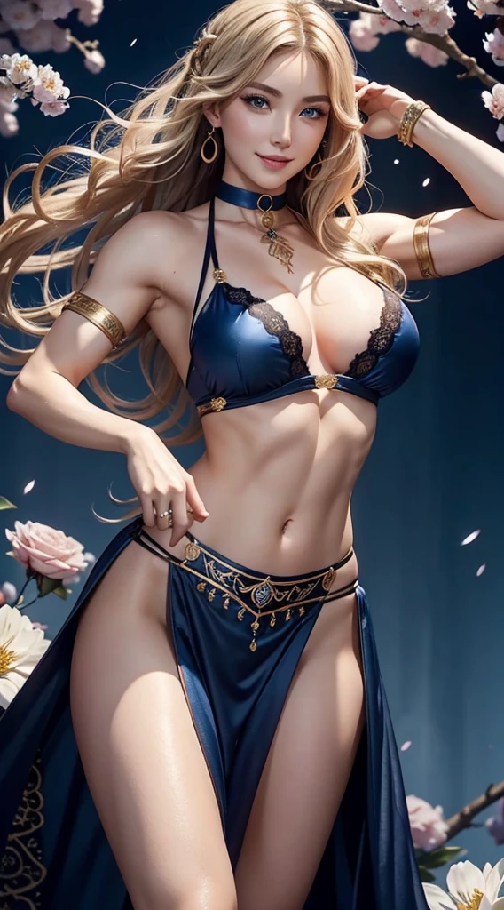 A 23-year-old white woman with unparalleled beauty.、blue eyess、dark blonde、hair is wavy、Longhaire、The ends of the hair are curled upwards、She wears a red belly dance costume with lots of decorations.、a smile、Wearing a choker made of black lace、fullnude、Slender, muscular body with big breasts and well-proportioned muscle mass、My abs are cracked、dancing lively、A blizzard of flowers is occurring、art deco background