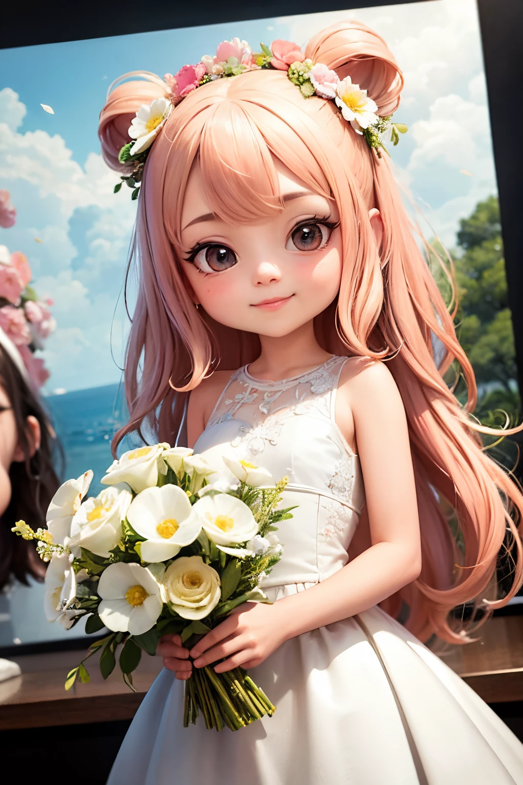 photoRealstic、Nendroids in wedding dress standing in front of the painting、A smile、kawaii pose、watercolor Nendoroid、(High Definition Figure)、Flowing iridescent silk、up of face、Eye Up、heart mark、Floral dress、There are also flowers in front of the nendroids、flower petals、season!!: 夏天☀ 🍂