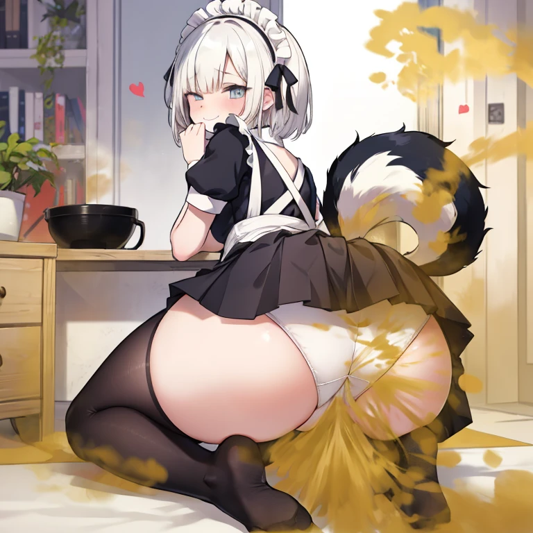 (((Skunk Girl))), evil smirk, Mischievous grin, Yellow smoke,Skunk Tail, massive ass, leaning,Take a look at our, Detailed thick G-string, (Long socks), one tailed,skirt by the, Take a look at our, (short skirted maid uniform), Skirt, Sitting, velocity, Fart from the ass,Yellow smoke,Close one eye,Bury your face in your skirt、Man sniffing farts,Smells like farts、Cover the nose,Empty room,Panties(white panties),Turn around and look down, sitting,Moist eyes,Face,Children's pants,Girl in maid outfit,smile,despise