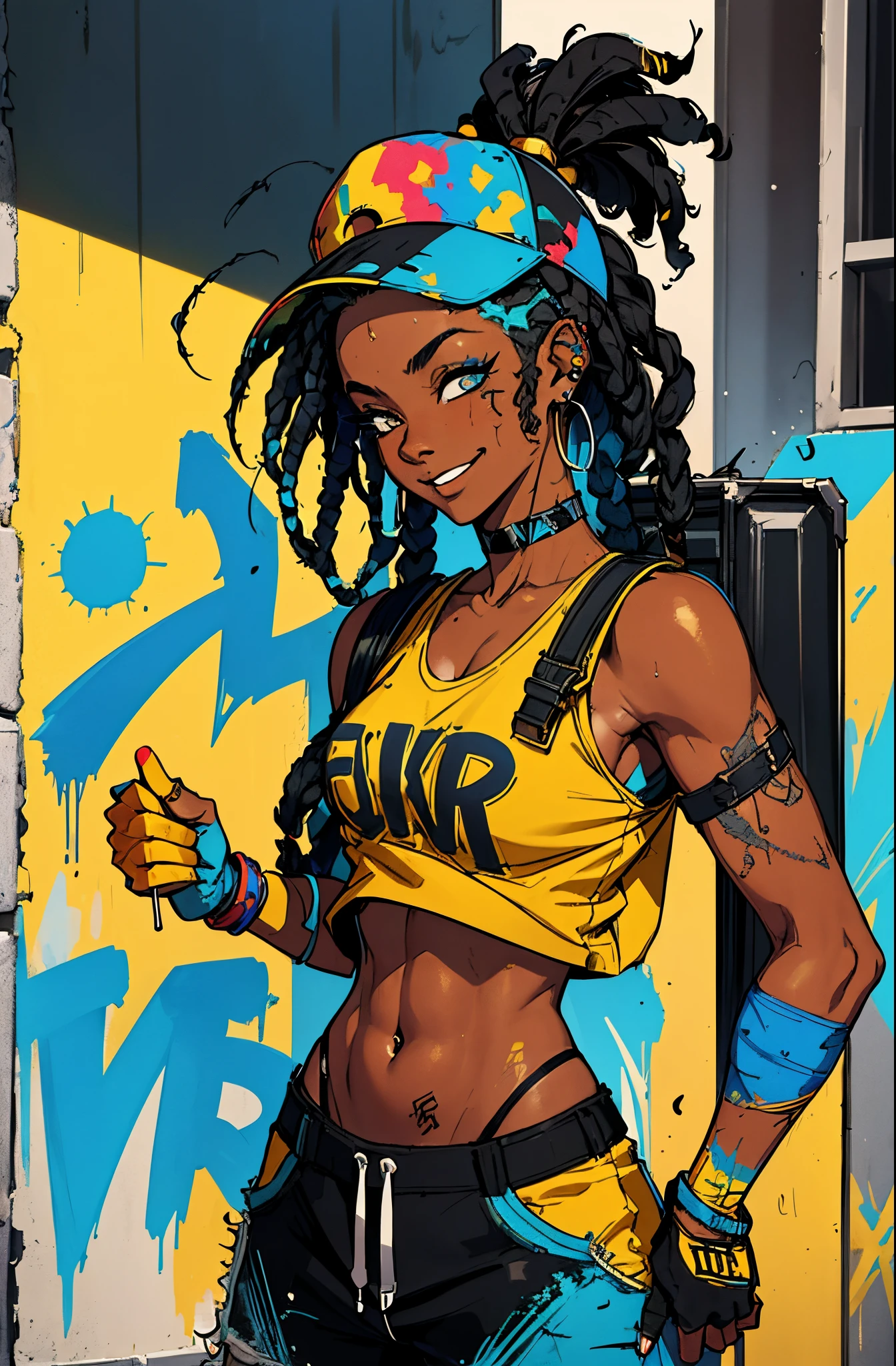 a black girl graffiti artist, DJ, Music, Black and blue hair dreads, music urban, snapback hat, vigilante, vibrant fan art, backpack, hip-hop, tank top, headphones on ear, spray paint cans accessories, music, sexy, tight clothing smiling, fit, hot, sweaty, blue piercing,  (red, yellow, blue clothing) ( Masterpiece) ( Best Quality)