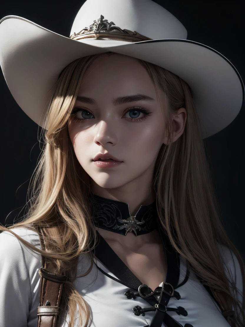 hightquality、hight resolution、masterpiece、foco nítido、photographrealistic、Raw photography、lighting like a movie、Photorealistic portrait of stunningly beautiful woman、cowboy shot、upper body of blonde woman、Frontal lighting、face lights、High brightness、detailed symmetric realistic face、Highly detailed natural textures、ighly detailed、finely detail、palace musketeer white uniform、gothic intricate pattern、white combat cap、mark of the cross、long boots