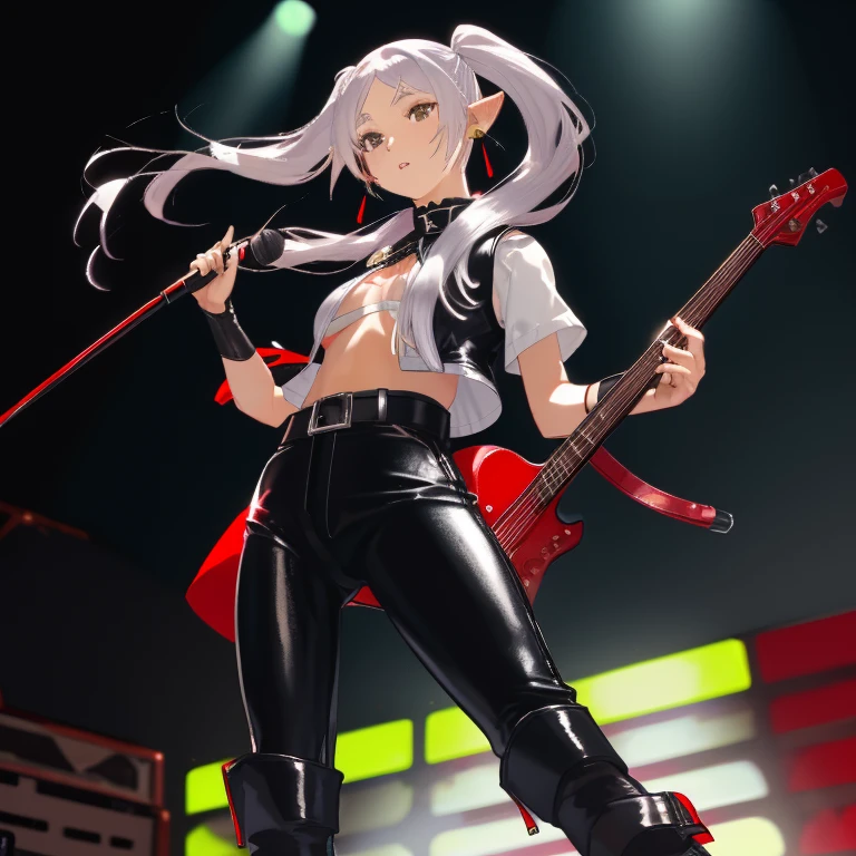 Frieren, twintails, earrings, small tits, white blouse, black leather vest, black leather pants, red boots, concert