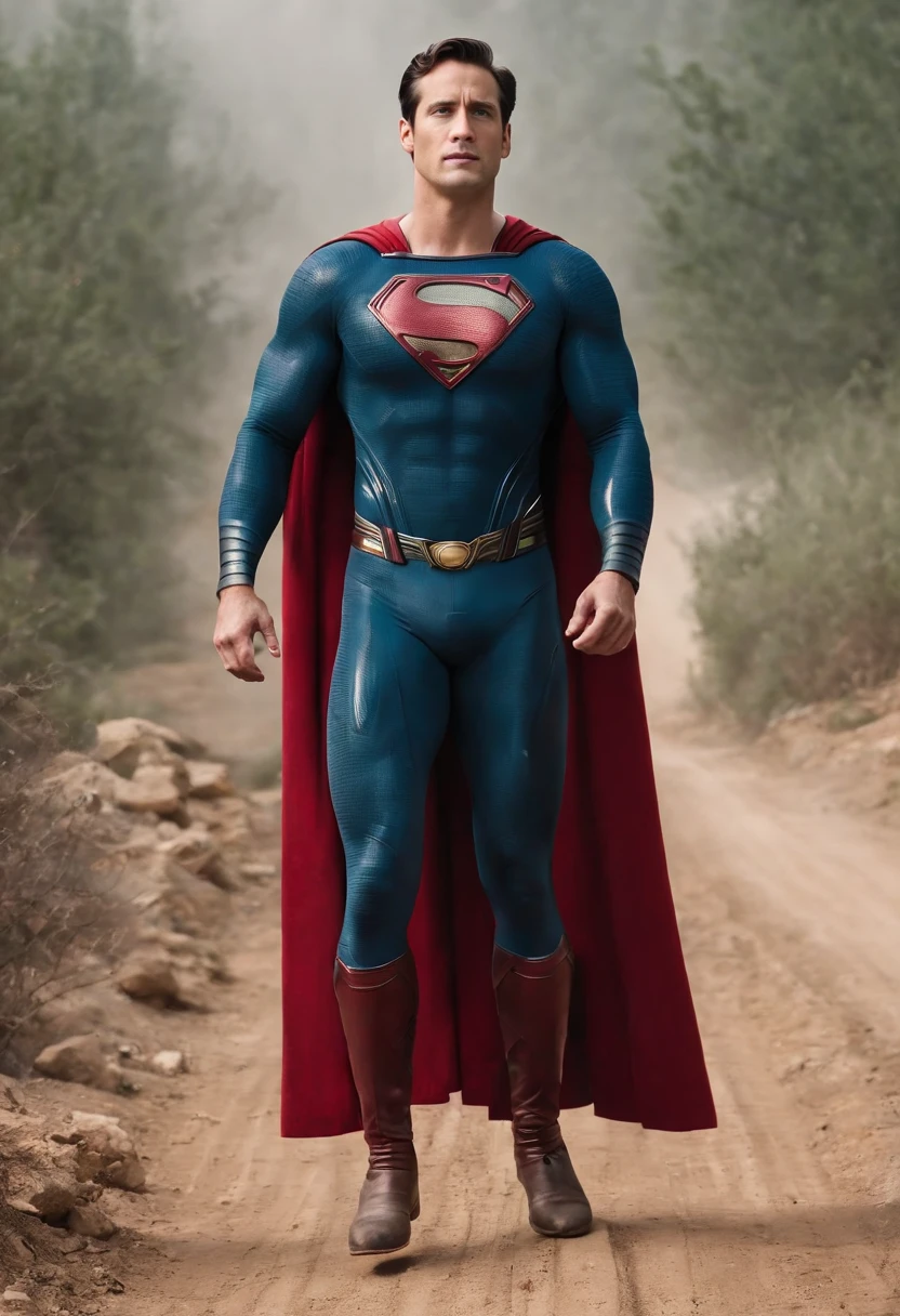 a man in a superman costume standing on a dirt road, textless, justin hartley as superman, dwayne johnson as superman, superman pose, superman, superman costume, herry cavill, nicholas cage as superman, nicolas cage as superman, henry cavill!!!, full body 8k, tom hanks as superman, full body shot 4k, japanese dc live-action movie