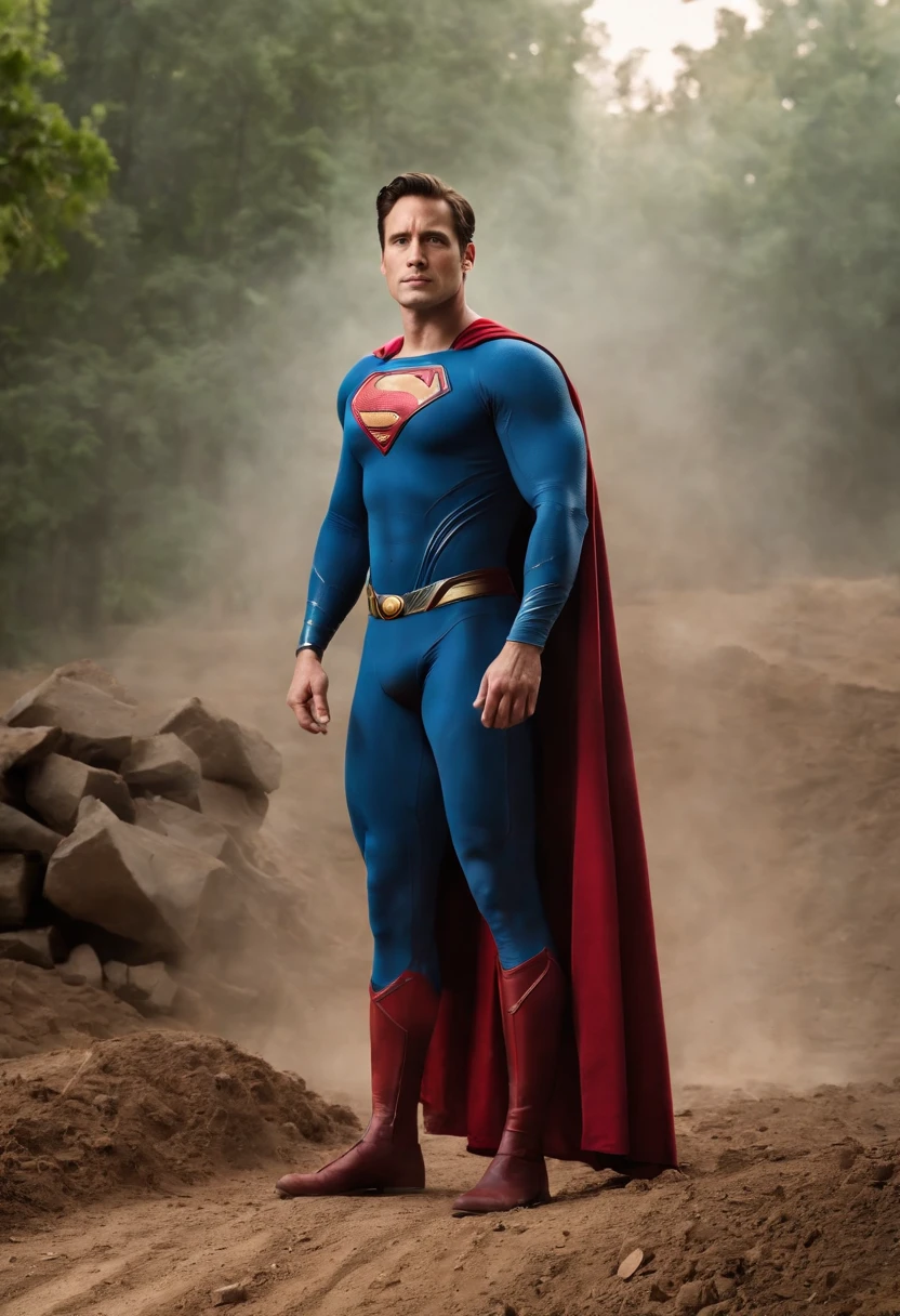 a man in a superman costume standing on a dirt road, textless, justin hartley as superman, dwayne johnson as superman, superman pose, superman, superman costume, herry cavill, nicholas cage as superman, nicolas cage as superman, henry cavill!!!, full body 8k, tom hanks as superman, full body shot 4k, japanese dc live-action movie