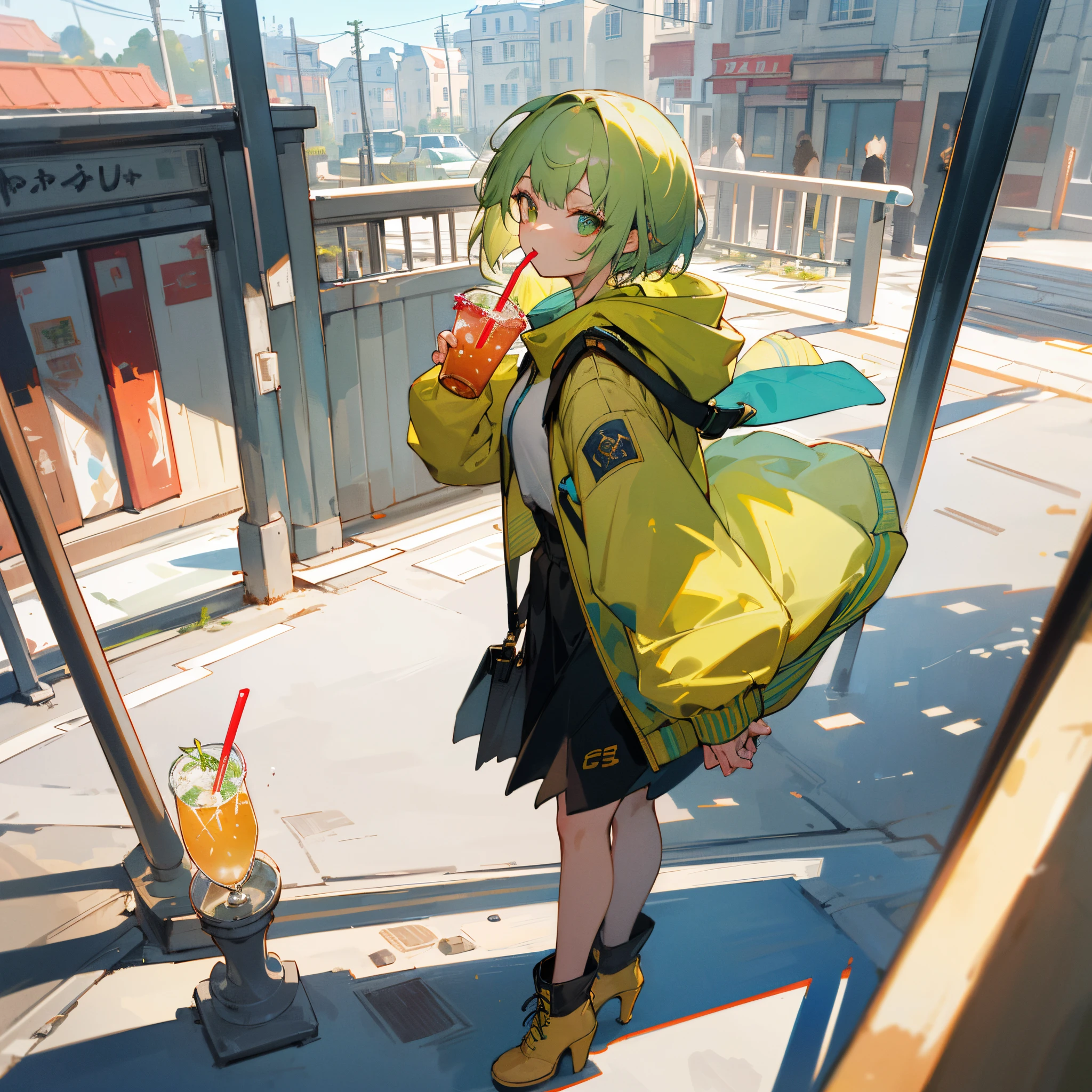 ((masterpiece,top-quality,hight resolution,8K picture quality,top-quality)),1girl in,((extra detailed face)),a 20 yo woman,Hyper Detail,lensflare,Delicate eyes,Golden eyes,Green hair,natural perm short hair,Cool Face,((Drink a drink through a straw)),Oversized jackets,Hooded trainers,high heels boots,landscape surrounded by buildings,Street with foot traffic,