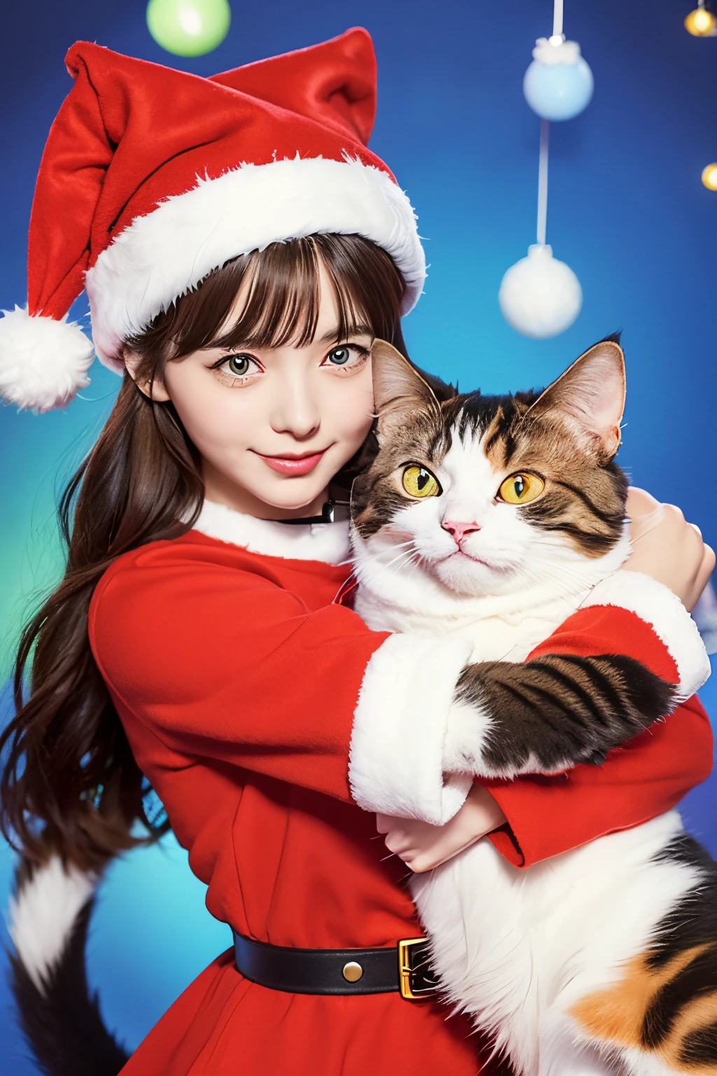 3D vector art、Calico cat、cat is wearing a christmas hat、cat has a bell'Collar、 cute christmas present, the cat is fluffy、Ultra-realistic high quality, Cute and quirky, Fantasy Art, Watercolor effect、girl hugging a cat