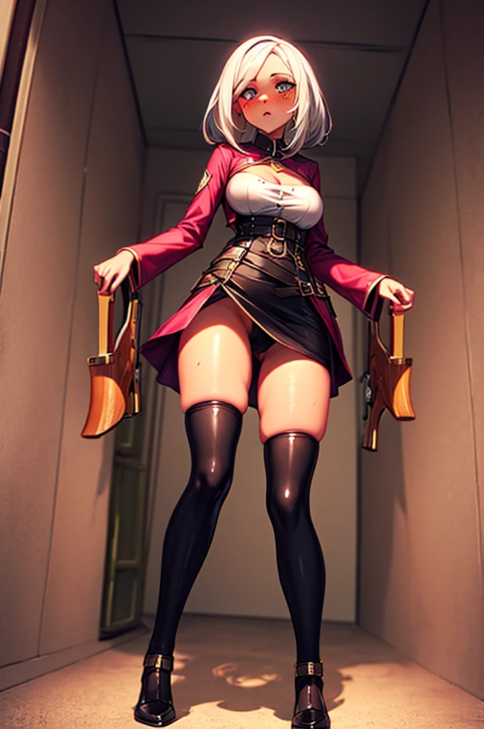 best quality, female, blushing, freckles, white hair, ((oiled skin)), (((adventurer clothing))), ((dungeon corridor)), skinny, (((1girl))), ((facing viewer)), (((thigh highs))), ((tiny breasts)), skirt,32K, 8K, (In the chest:1.2), ((Opening legs)), ​masterpiece, ((Wearing leather)), Wide waist, ((open one's legs)), sweaty and shiny skin, Look at viewers , full body Esbian, perfect bodies, ((holding double barrel shotgun)), (view from below)