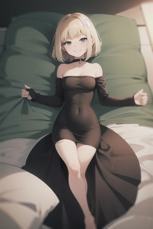 ((masterpiece, best quality;1.3)), ultra detailed, detailed background, 1 girl, age, short blonde hair, blonde hair, medium hair, bob hair, black eyes, little black dress, black strapless dress, tube dress, bodycon dress, skin-tight dress, choker, smile, bedroom background, lying in bed.