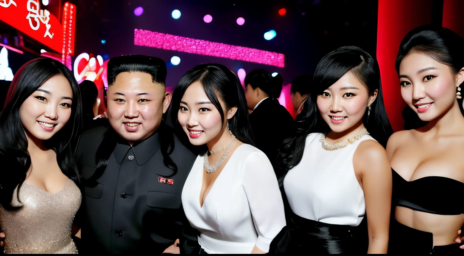 Kim Jong Un is inside a luxurious private jet with gold finishes, he is resting while drinking wine accompanied by a beautiful and sexy young woman wearing a red dress, he looks at the camera