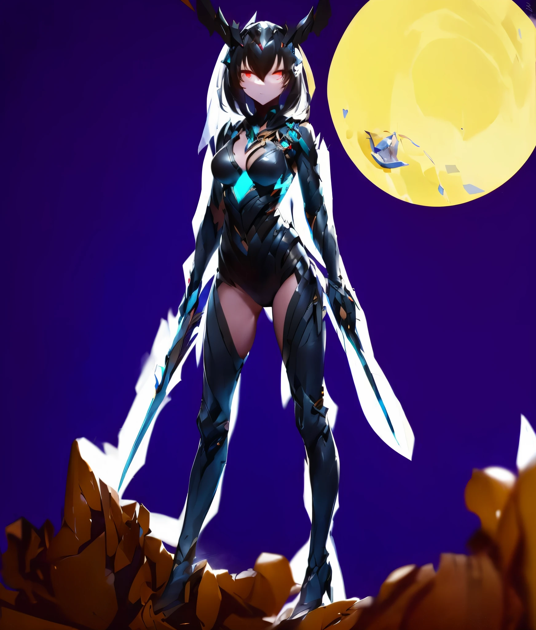 Girl in a bodysuit. she is the only woman. She is biological armor. Crystals shining in costume. He has a sickle-shaped weapon in both hands.. Full body image.