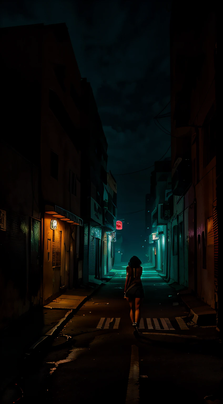 black woman with short clothes, Walking on a dystopian street at night, view from above, nightlife lighting, Cinematic, beautiful, perfect, intricate, hiper detalhado