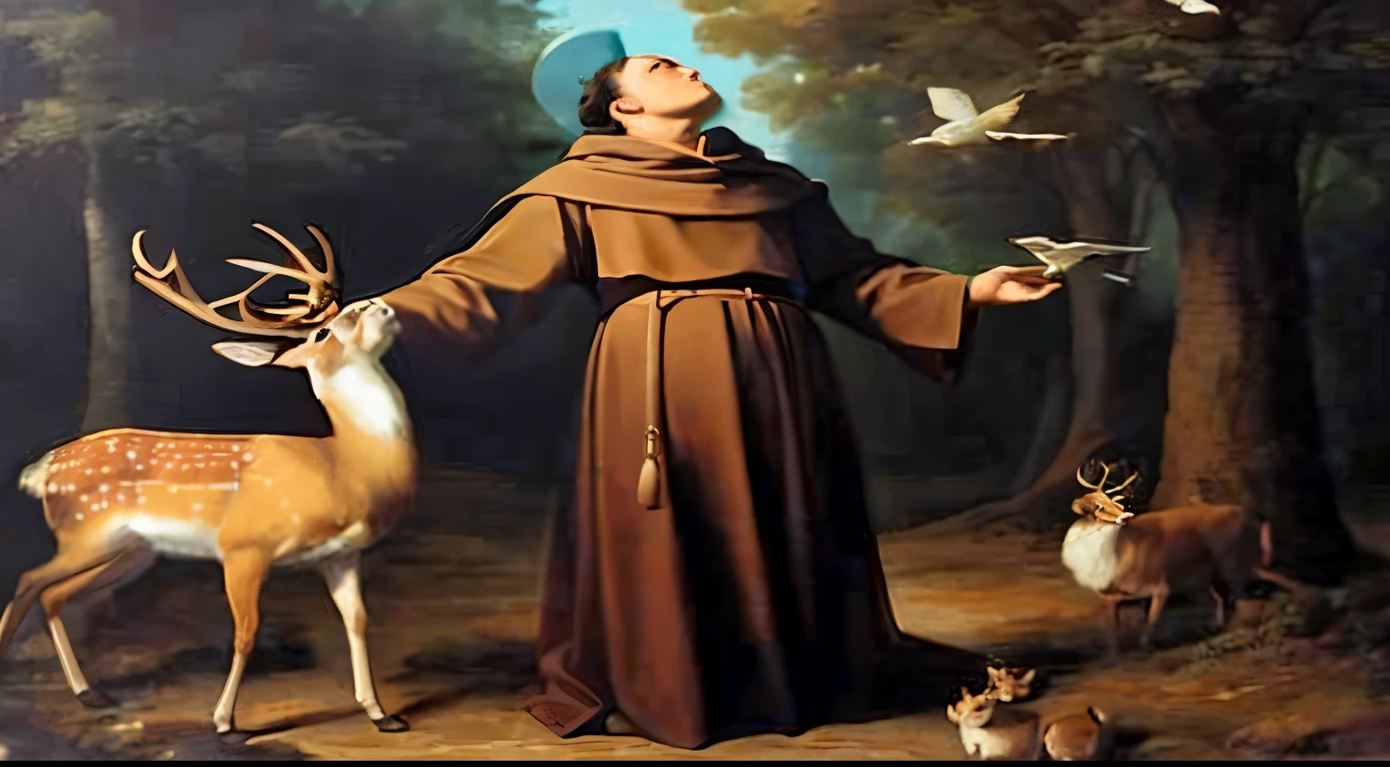 a painting of a man in a brown robe holding a bird and a deer, por Francis Helps, inspirado por Francis Helps, santo, santo, vestindo vestes marrons, christian saint, arte magistral, Francisco de Zurbaran, por Giotto, Directed by: Cornelis van Poelenburgh, catholic religious art, Directed by: Thomas Aquinas Daly, obra-prima', bela obra-prima