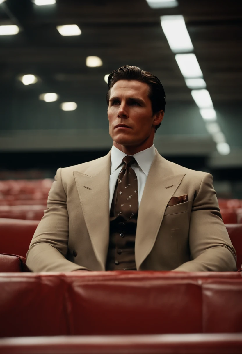 The image is of Patrick sitting in a private box at a high-stakes boxing match, with a cold and unfeeling expression as he watches the violent spectacle.,American Psycho,Patrick is a tall, tan, muscular man with slicked back brown hair, and an expensive suit. Looks like Christian Bale