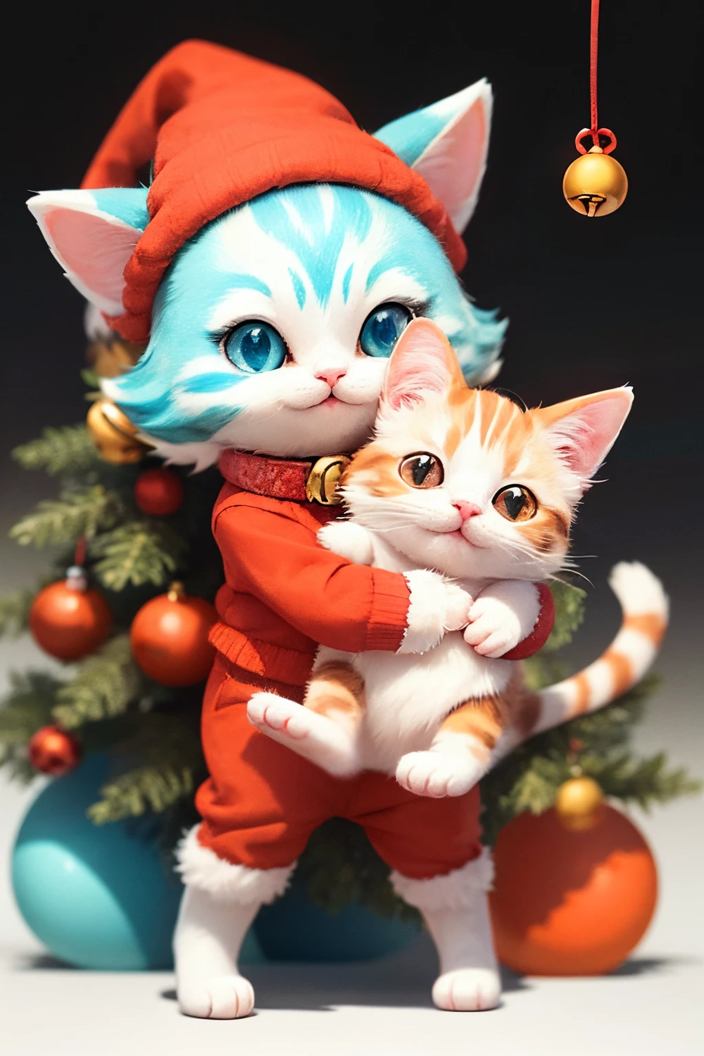 3D vector art、Calico cat、cat is wearing a christmas hat、cat has a bell'Collar、 cute christmas present, the cat is fluffy、Ultra-realistic high quality, Cute and quirky, Fantasy Art, Watercolor effect、girl hugging a cat