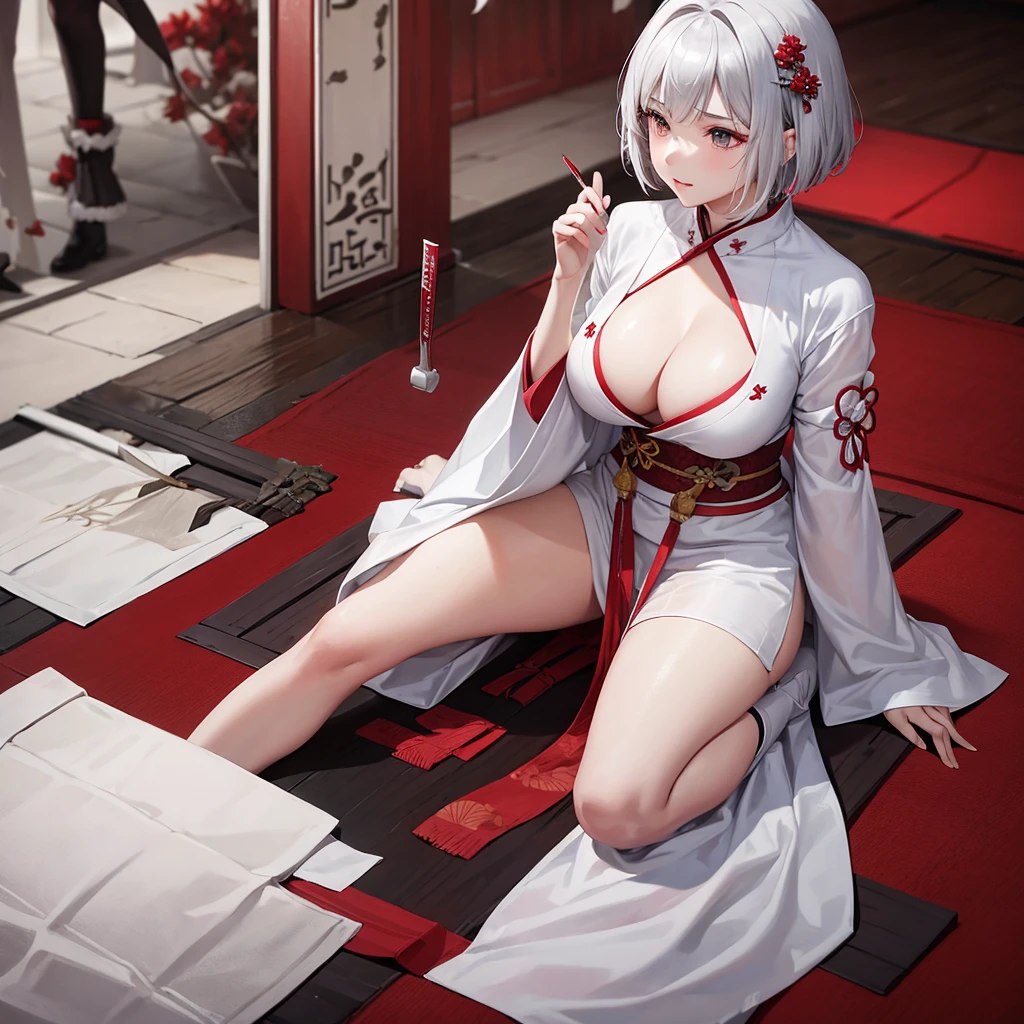 battle field、A sexy、silber hair、Short bob hair with volume、A runaway fallen warrior、Kenshu、wearing a white and red kimono、Bloody、Dignified