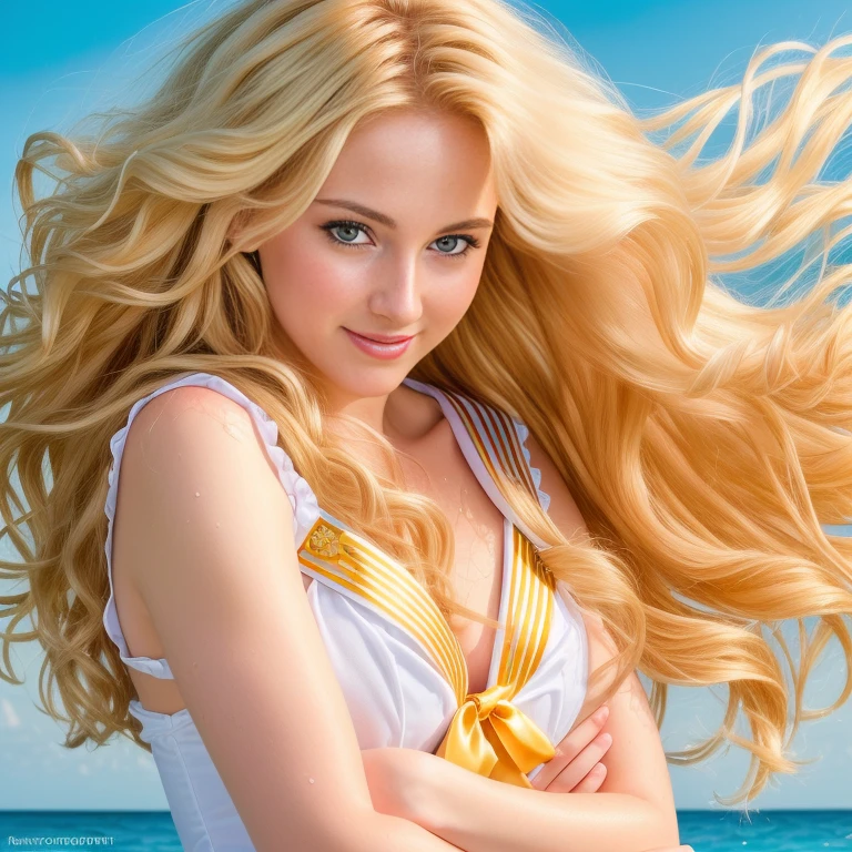 (best quality, extremely detailed, Raw photography,,4k,8k,high res,masterpiece:1.2),ultra-detailed, photorealistic, full body shot,soaked,golden blonde, long wavy hair,Mature and beautiful, realistic portrayal:1.2 Sailor Moon posing as if she’s in a professional magazine cover photoshoot, smiling.