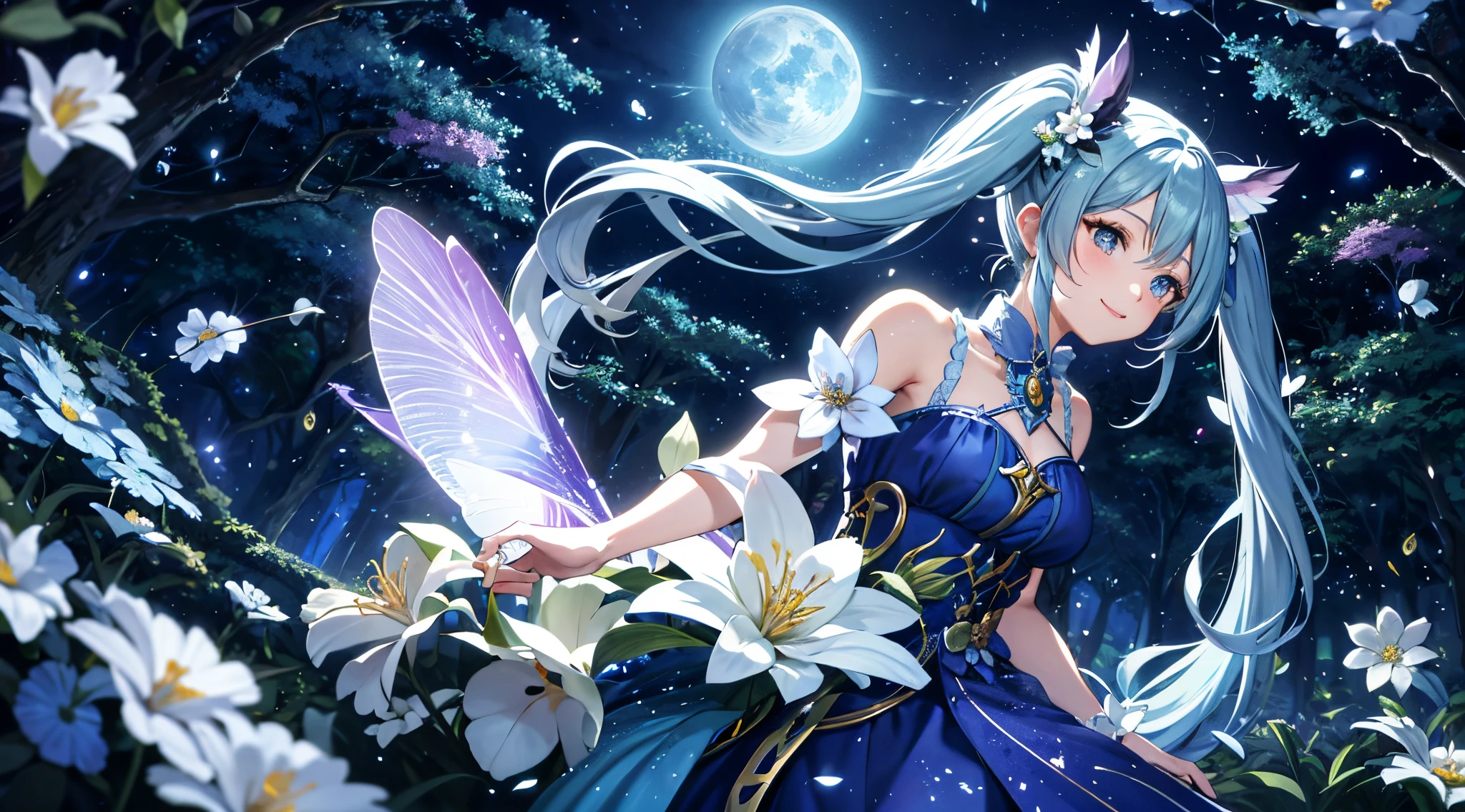 Dynamic Angle、 within a magical forest, a mystical fairy girl emerges, Light blue long hair、Hairstyle is Twintails、adorable smiling、Moonlight twinkle, flower bloom、The tree々While flapping its wings in the sparkling fireflies, the air resonates with the ethereal symphony of nature's whispers, Creating a field where dreams and reality intersect,Fairy World、Fantasy World