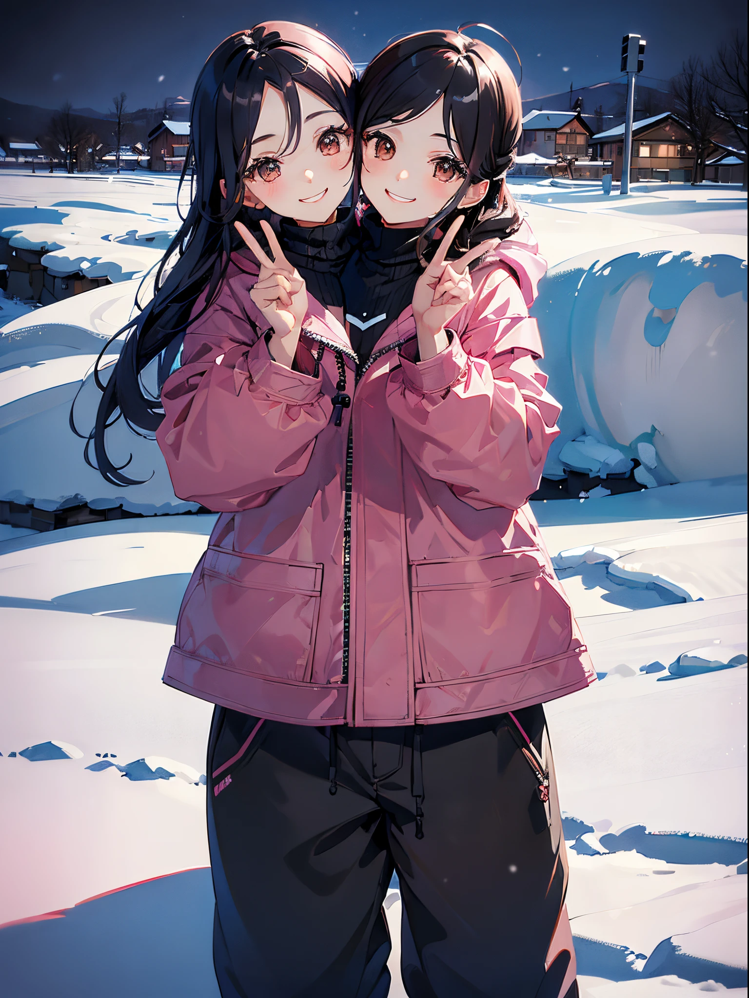 (masterpiece, best quality), best resolution, (2heads:1.5), 1girl, pink parka, black hair, brown eyes, smiling, happy, energetic, peace sign, black snow pants, snowy landscape, ski slope, winter, evening