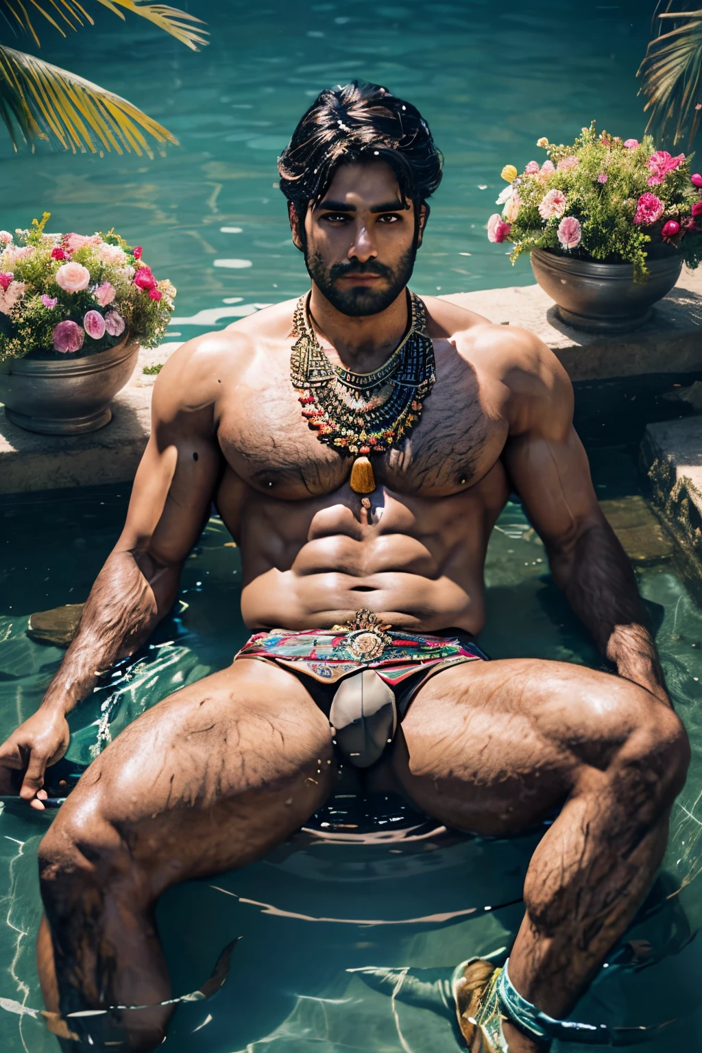 Sexy man wearing ancient Indian costume, big dick, spread legs, shallow water, flowers, cenematic, colour grading, realistic, mysterious