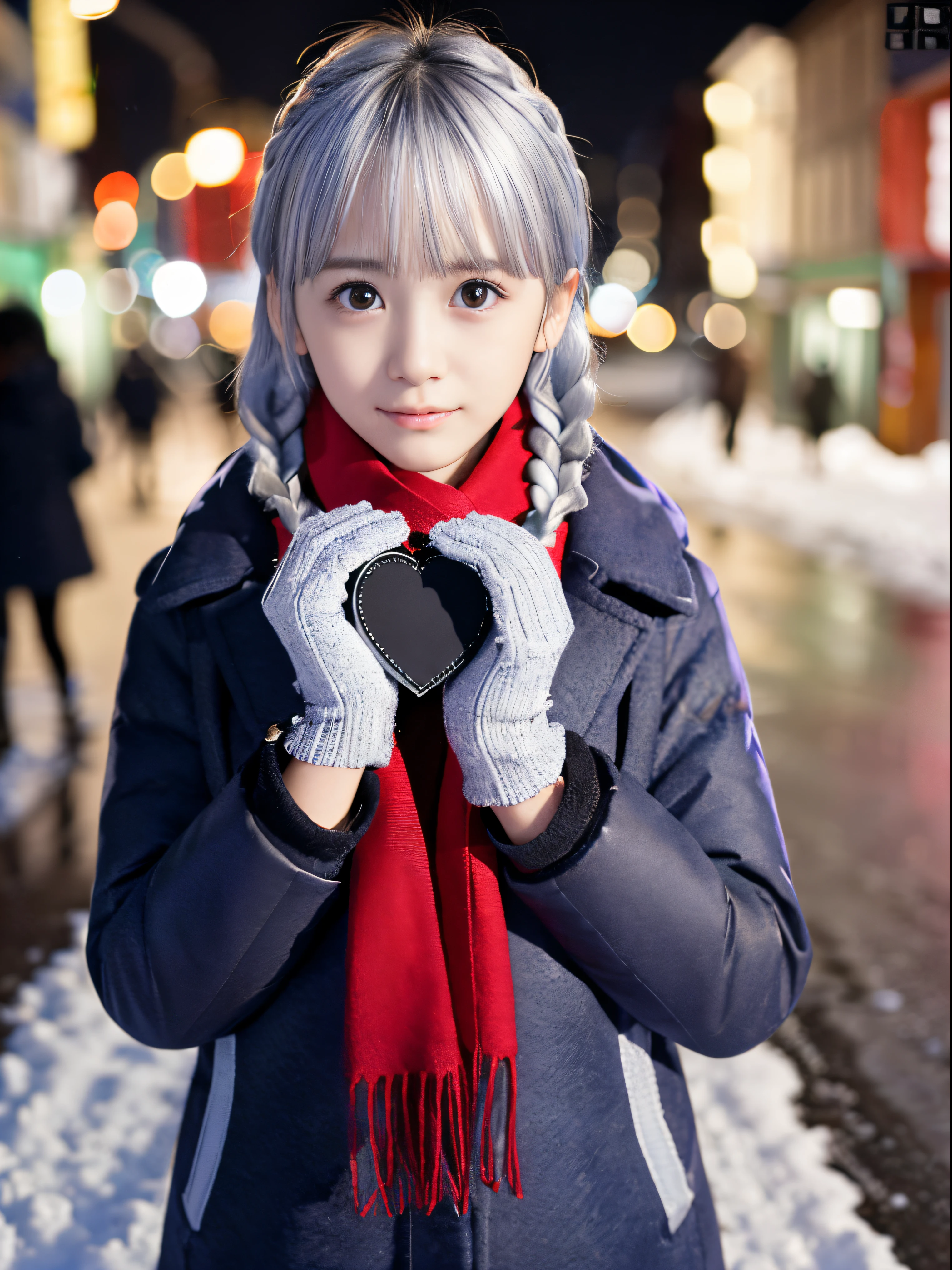 (Close up portrait of twin braid silver color hair girl in winter coat and scarf:1.5)、(One girl hold a Valentine gift in her hands with gloves on the street in Japan at snowy night with sad face:1.5)、( Blurry background,:1.5)、(Perfect Anatomy:1.3)、(complete hands:1.3)、(complete fingers:1.3)、Photorealsitic、Raw photography、masutepiece、top-quality、hight resolution、delicate and pretty、face perfect、Beautiful detailed eyes、Fair skin、Real Human Skin、((thin legs))