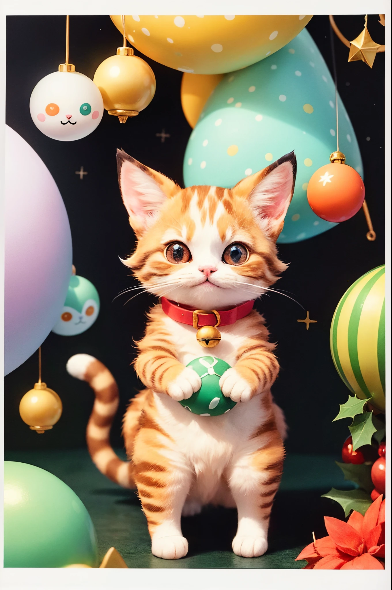 3D vector art、Calico cat、cat is wearing a christmas hat、cat has a bell'Collar、 cute christmas present, the cat is fluffy、Ultra-realistic high quality, Cute and quirky, Fantasy Art, Watercolor effect、girl hugging a cat