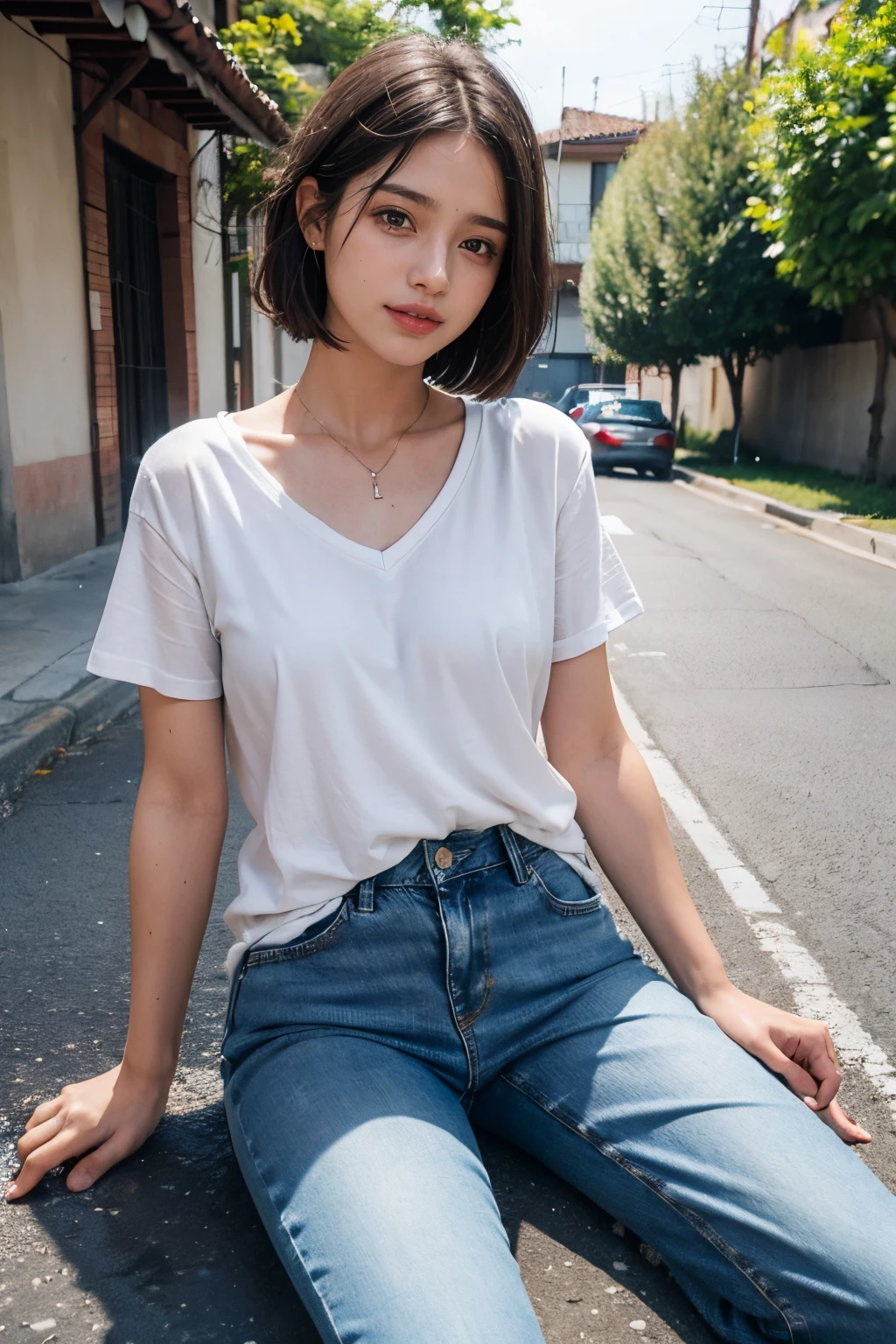 La mejor calidad de imagen, Obra maestra, Super High Resolution, (Fidelidad:1.4), Foto, 1 girl, Camisa blanca rota, jeans rotos, zapatillas blancas, mortecino, oscuridad, Dispair, pity, pobre, movie, tear, Teary, (Ropa rasgada:1.5), (ropa mojada:1.4), hombros desnudos, torso desnudo, lluvia real, cabello mojado,.. sonrisa