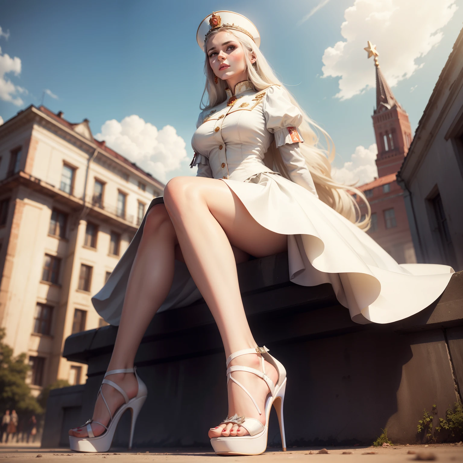 Soviet princess wears white high-heeled sandals,mills,capitalism