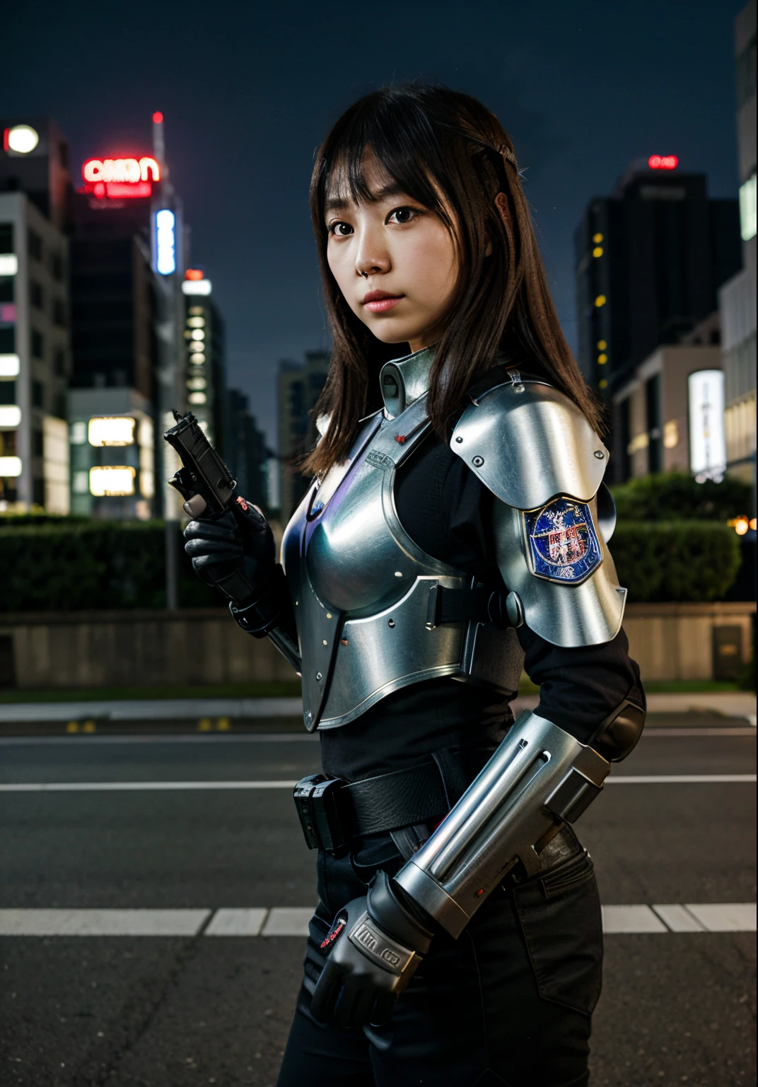 Japanese Girl Shooting a Handgun, Best Quality, masterpiece, Glock 17, Body Armor, megalopolis city, outdoor, midnight