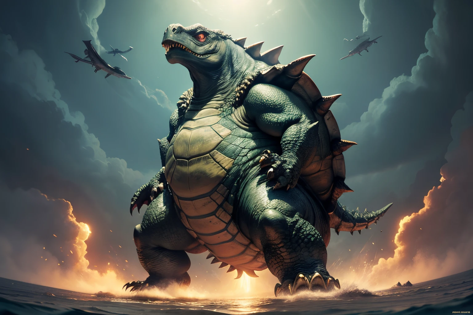 Gamera, monster of turtle, full body shot, super wide view,