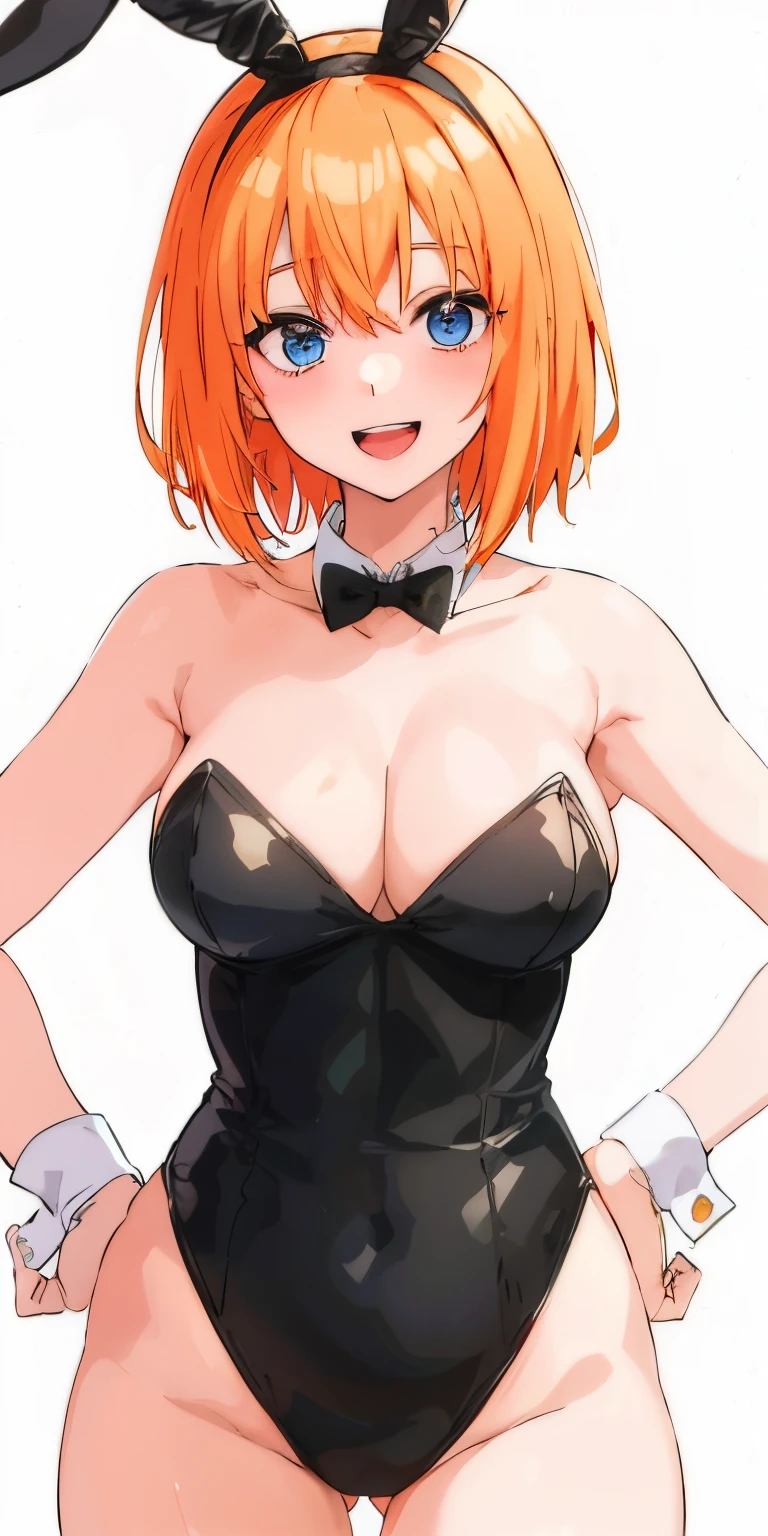 1girl, alone, Yotsuba Nakano, short hair, orange hair, bangs on the forehead, blue eyes, embarrassed, smiling, open neck, seductive, makeup, bunny ears, Playboy bunny costume, black costume, bare legs, both hands holding the hips,