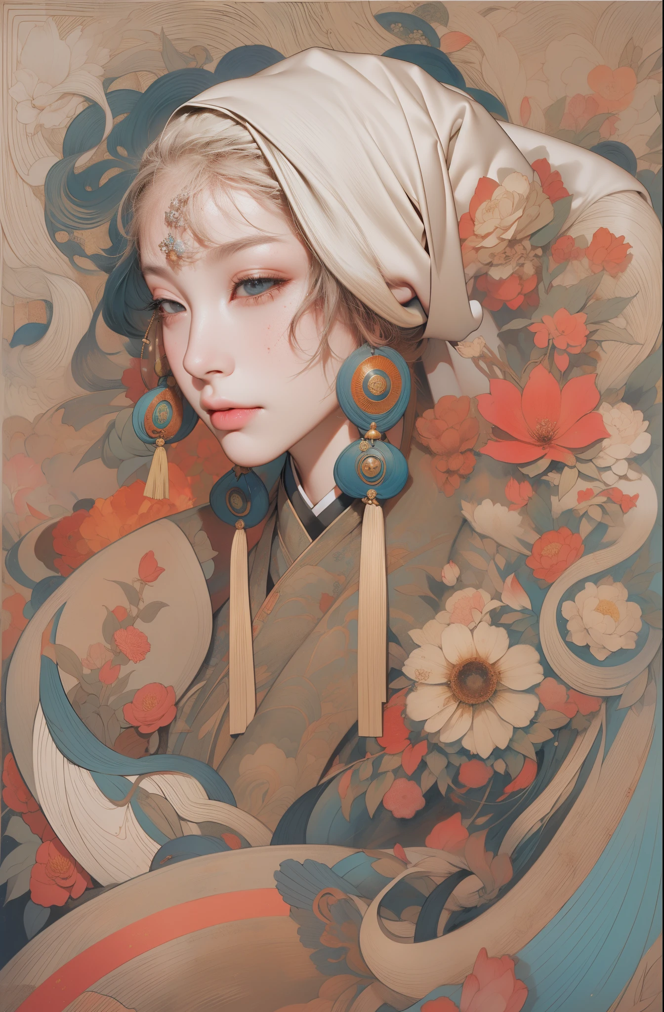 (tmasterpiece,top-quality,Best quality,offcial art,Beauty and aesthetics:1.2),(1个Giant Breast Girl:1.3),The content is very detailed,(s fractal art:1.1),(One color:1.1)(blossom flower:1.3),Most detailed,( Tangled:1.2), (dynamicposes), (abstract backgrounds:1.3), (Chinese Traditional Cloth:1.2), (Glossy glossy skin), (Lots of colors:1.4), ,(耳Nipple Ring:1.4),(Decorative painting:1.6,), illuminations,Ink painting and watercolor,ink,water ink,