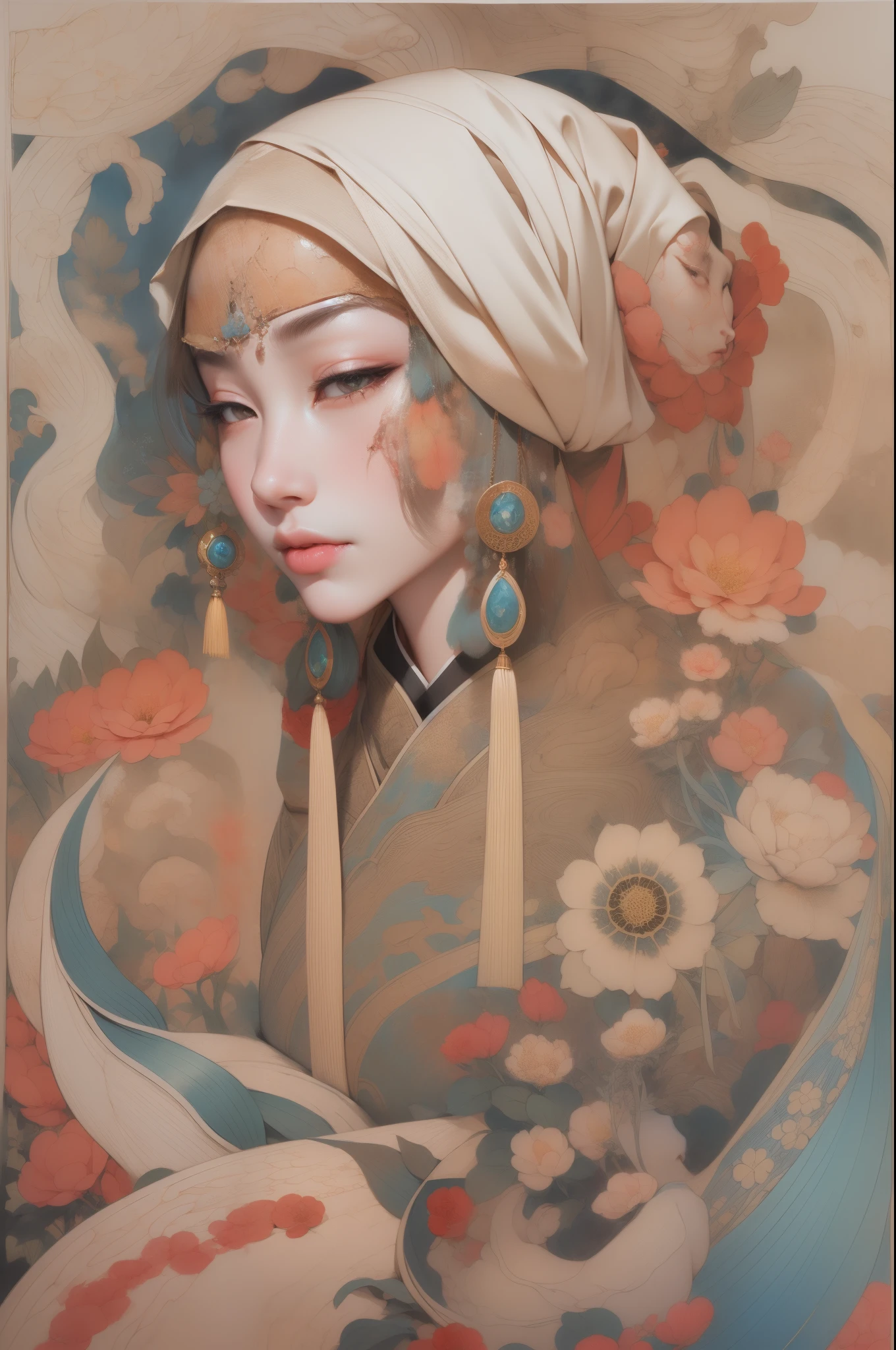 (tmasterpiece,top-quality,Best quality,offcial art,Beauty and aesthetics:1.2),(1个Giant Breast Girl:1.3),The content is very detailed,(s fractal art:1.1),(One color:1.1)(blossom flower:1.3),Most detailed,( Tangled:1.2), (dynamicposes), (abstract backgrounds:1.3), (Chinese Traditional Cloth:1.2), (Glossy glossy skin), (Lots of colors:1.4), ,(耳Nipple Ring:1.4),(Decorative painting:1.6,), illuminations,Ink painting and watercolor,ink,water ink,