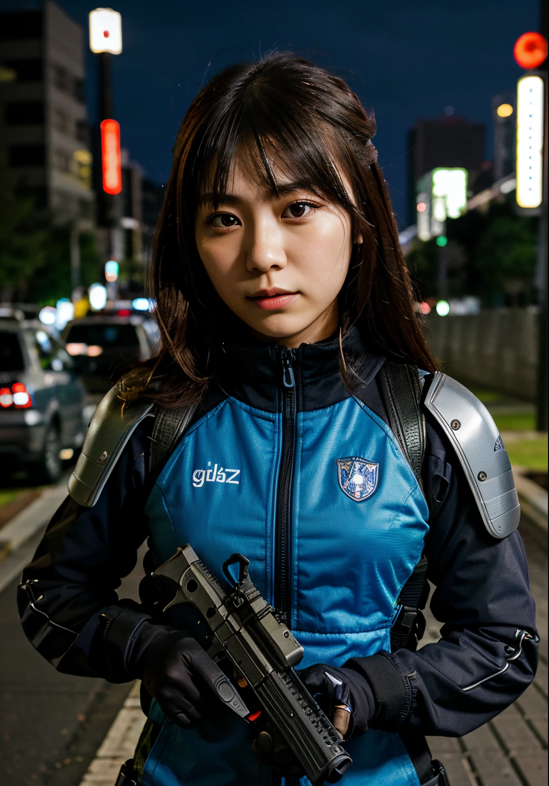 Japanese Girl Shooting a Handgun, Best Quality, masterpiece, Glock 17, Body Armor, megalopolis city, outdoor, midnight