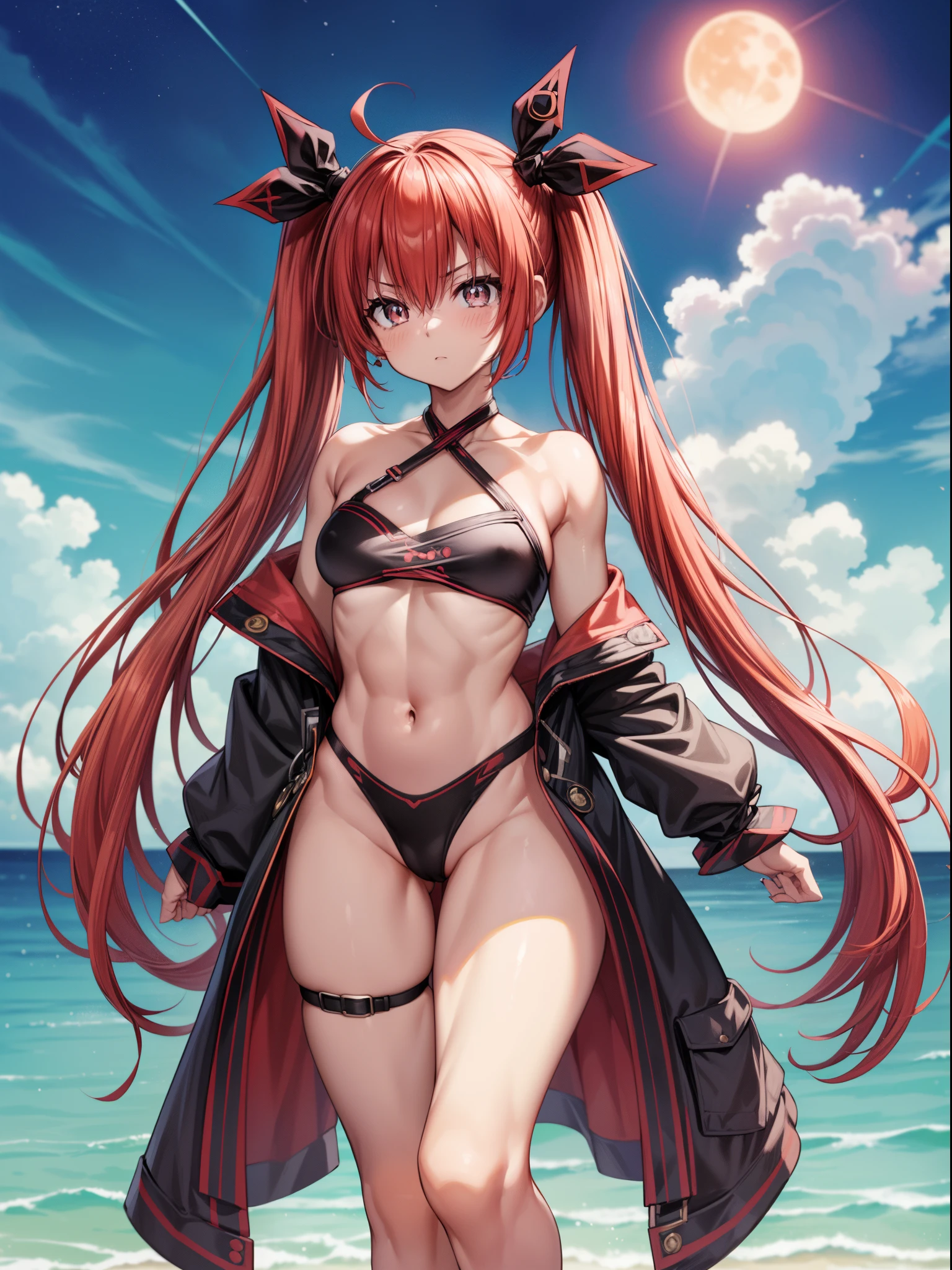 (1 garota), Kotoriitsuka, Kotori Itsuka, cabelos longos, (((olhos vermelhos:1.5))), red hair, Ahoge, (peito achatado:1.2), ((twintails)))(, fita de cabelo, fita preta, olhando para o espectador, beach scenery with starry sky and full moon in the sky, middle boobs, coxas musculosa, barriga musculosa, quadris largo, cintura fina, standing on her feet, barefoot, foto de corpo inteiro, (master part:1.2), best quality, high resolution, Unity 8k papel de parede, (illustration:0.8), (belos olhos detalhados:1.6), Rosto extremamente detalhado, perfect lighting, CG extremamente detalhado, (perfect hands, anatomia perfeita),