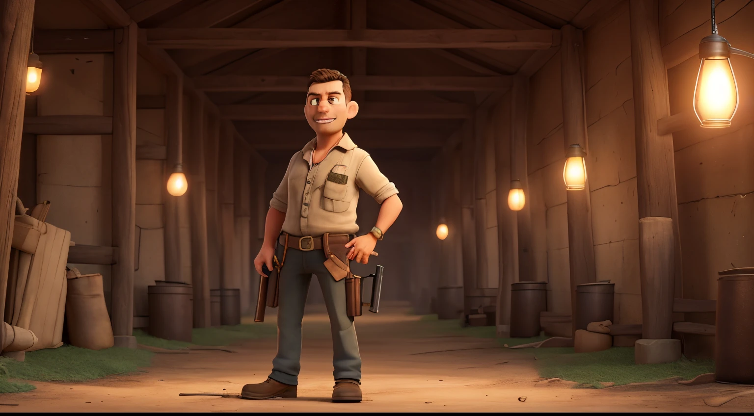 ((best quality)), ((master part)), (circunstanciado), farmer with shotgun and lamp in hand, ao fundo vemos sua fazenda