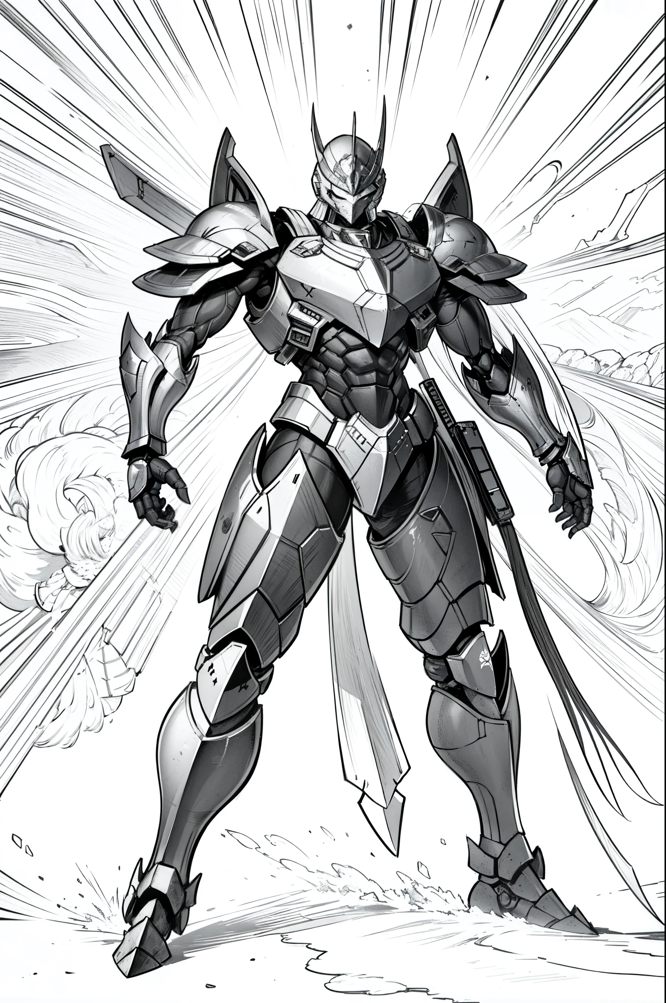 slim but muscular warrior, light but good armor, backpack, warrior facing us, helmet, full body view, rugged warn armor, fighter of monsters, character design, sci-fi style armor, mecha armor, realistic, high quality detail, black and white, line art, complex line art, half body shot, natural pose, masterpiece