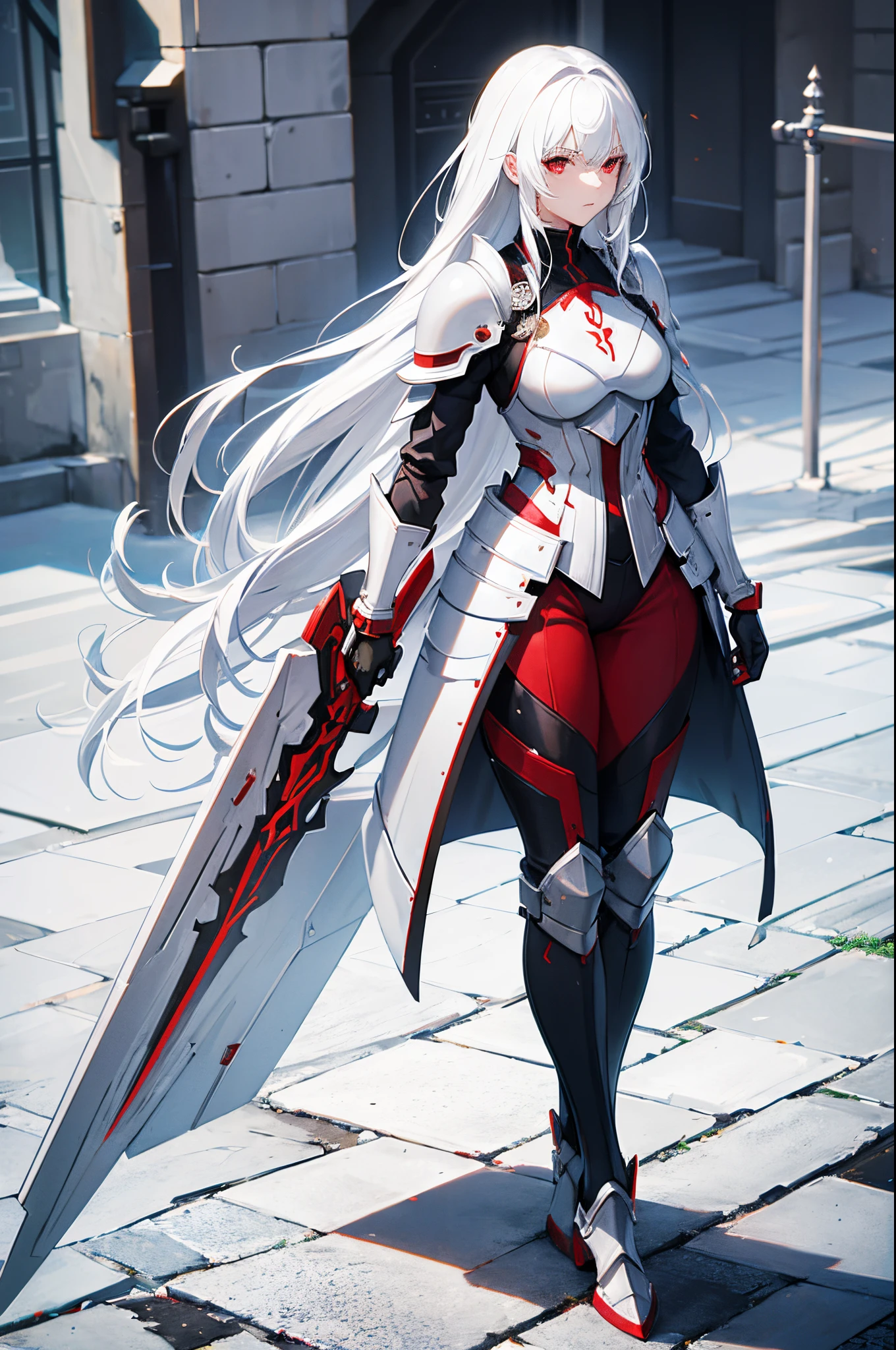 1woman, white hair, red eyes, armor, standing on ground, high res, ultra sharp, 8K, masterpiece