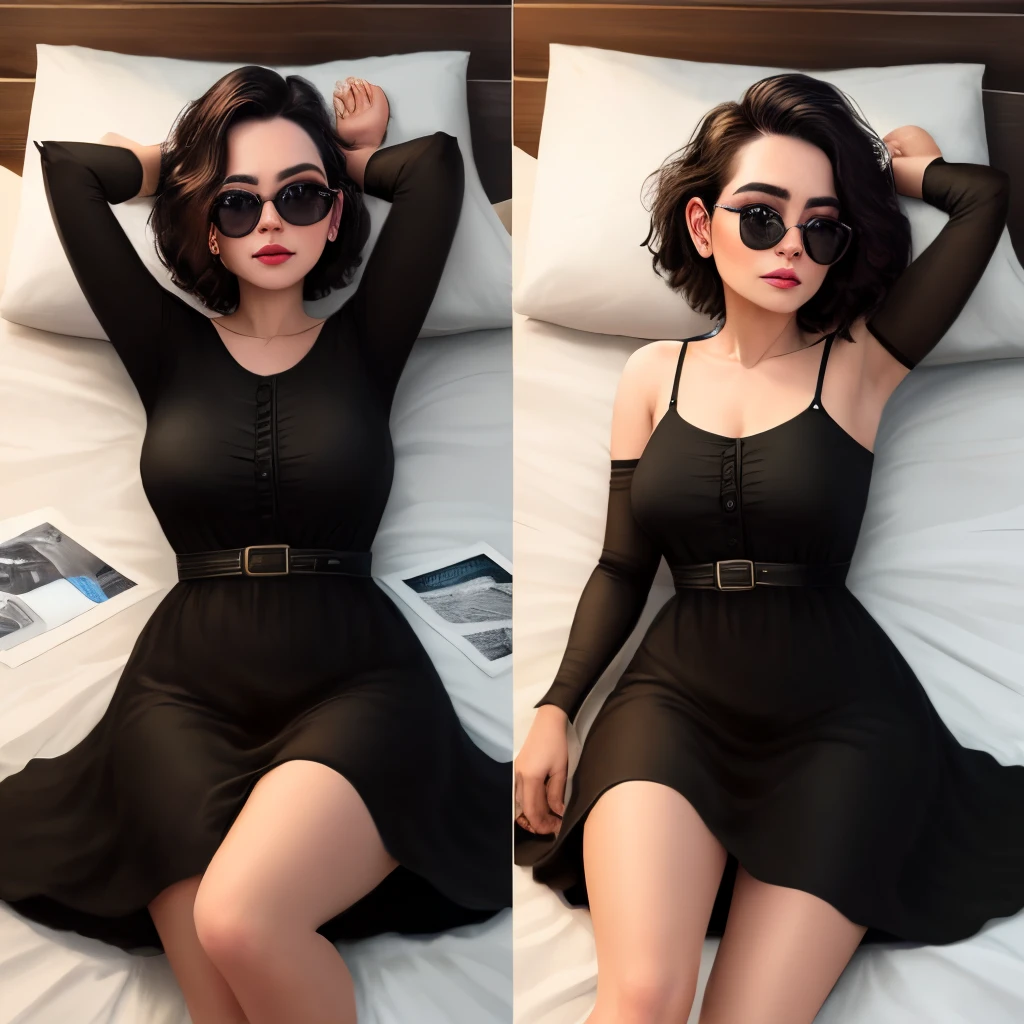 Crea una mujer realista, delgada, cabello corto, lentes, pechos medianos, acostada en una cama y vista desde arriba, con un vestido negro escotado